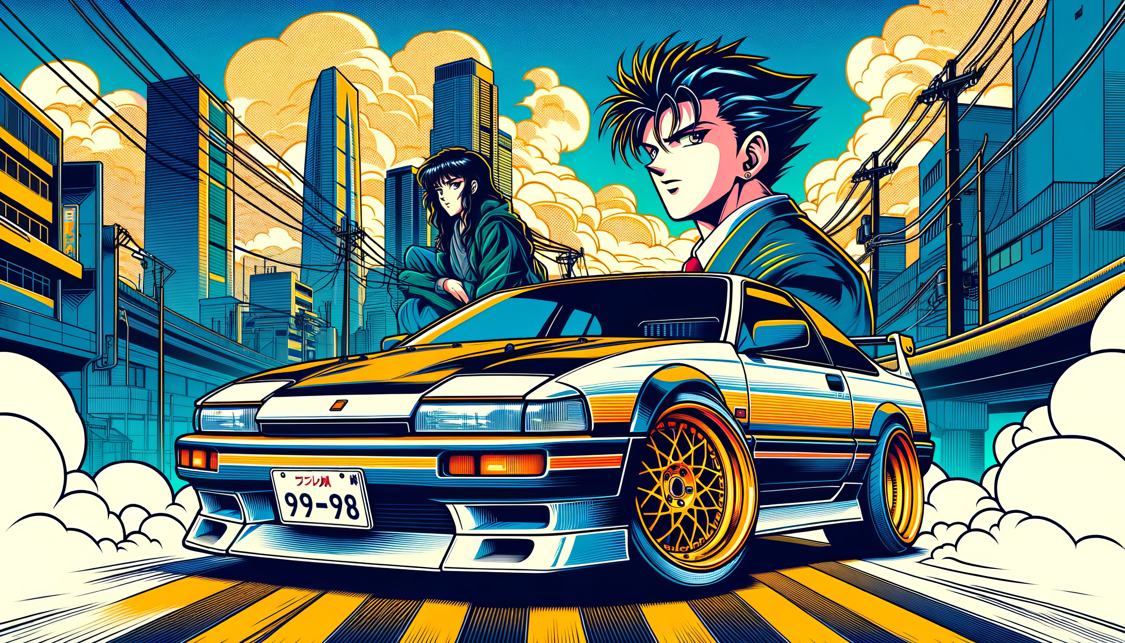 Retro Anime Car Adventure HD Wallpaper