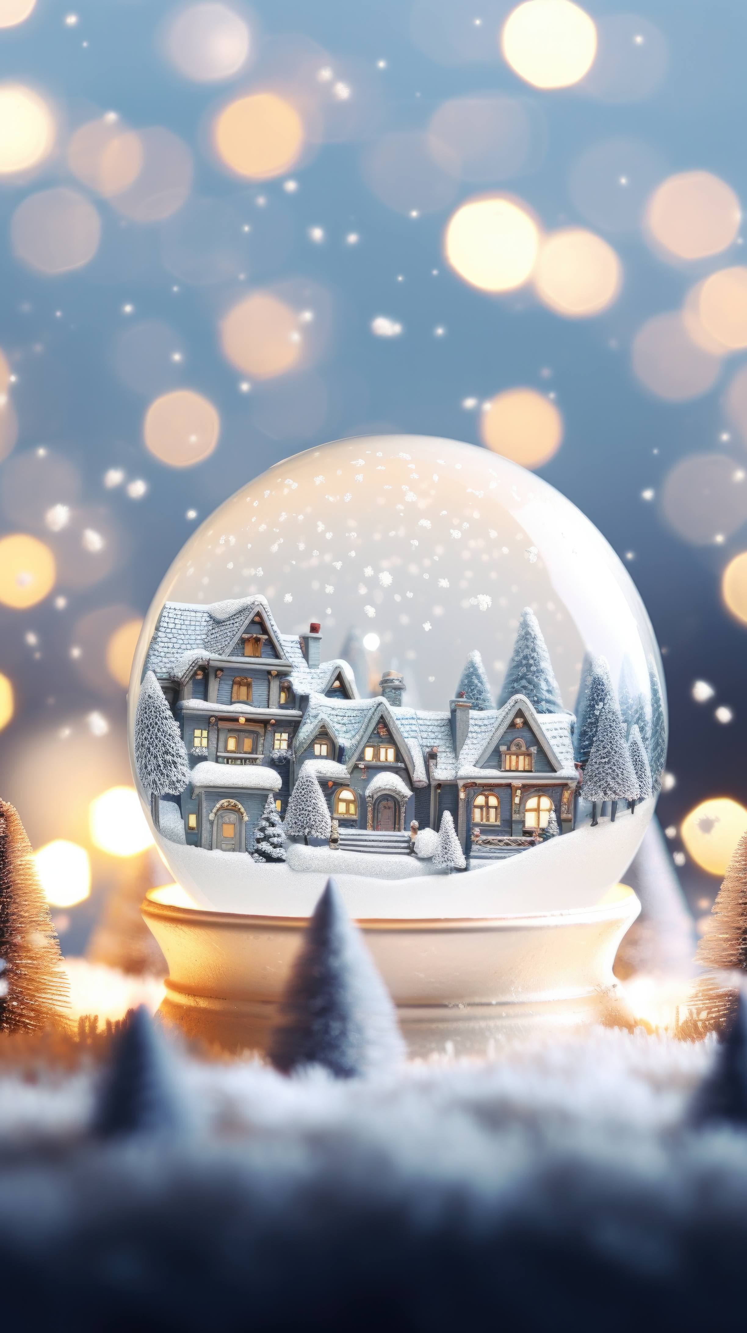 A crystal snow globe refracts a snowy winter village against a soft out of focus backdrop, encapsulating nostalgic holiday memories