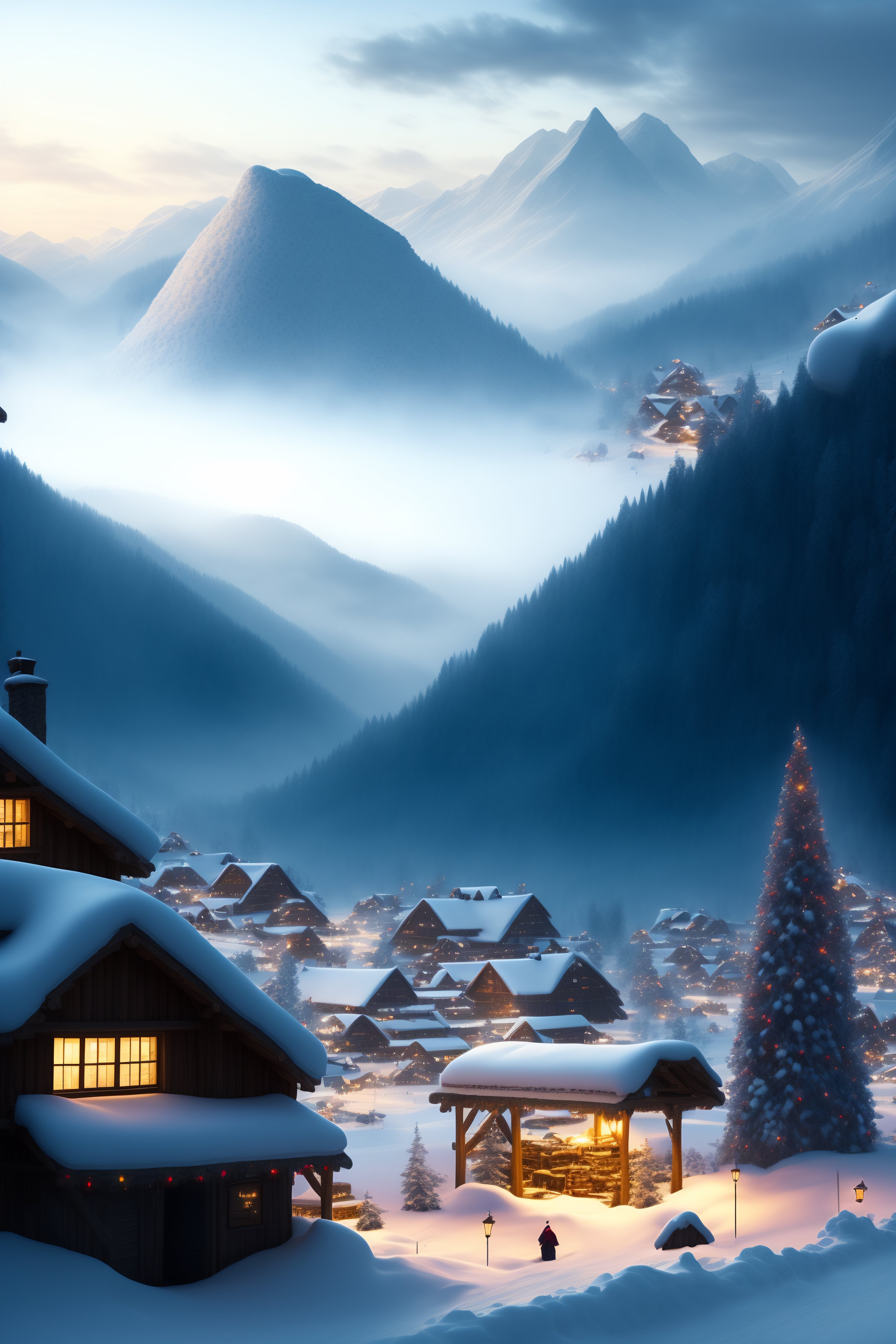 Village with huge mountains, full of snow, decorated christmas tree in the centre with presents below it