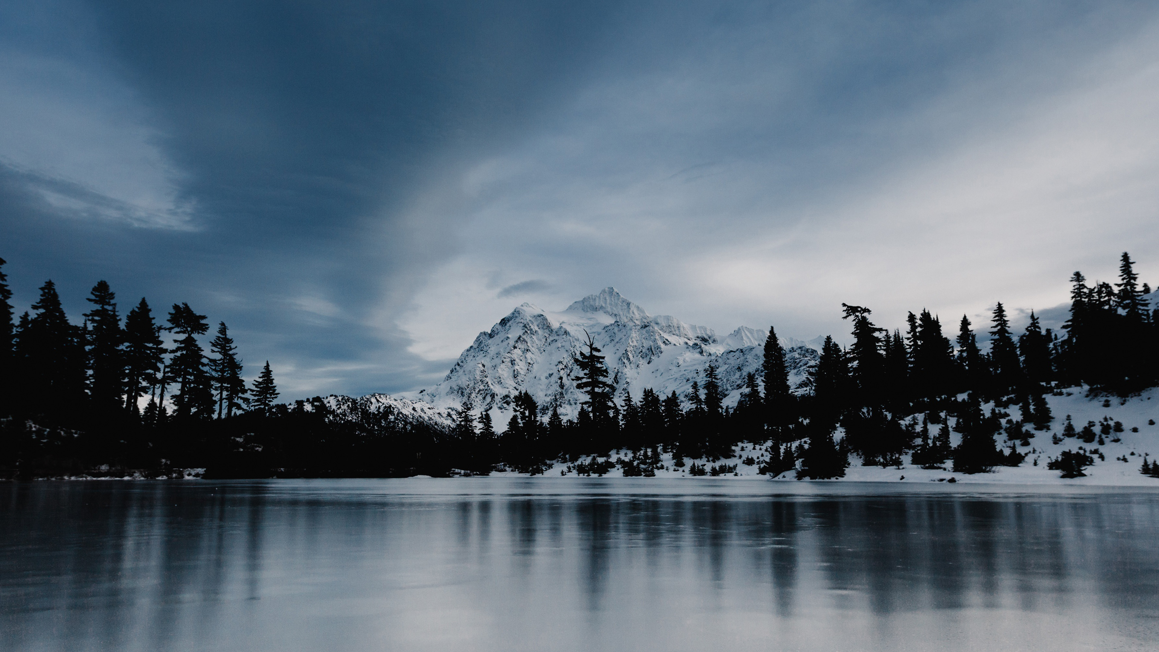 wallpaper for desktop, laptop. frozen lake winter snow wood forest