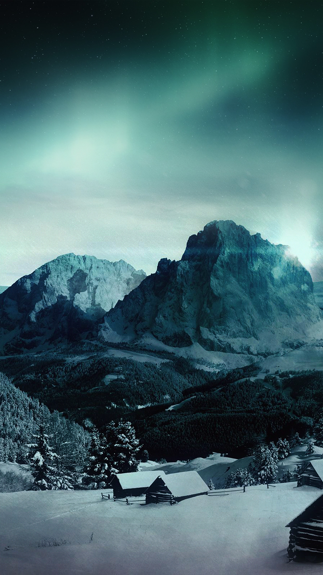 Night Sky Mountain Snow Winter Aurora Wallpaper