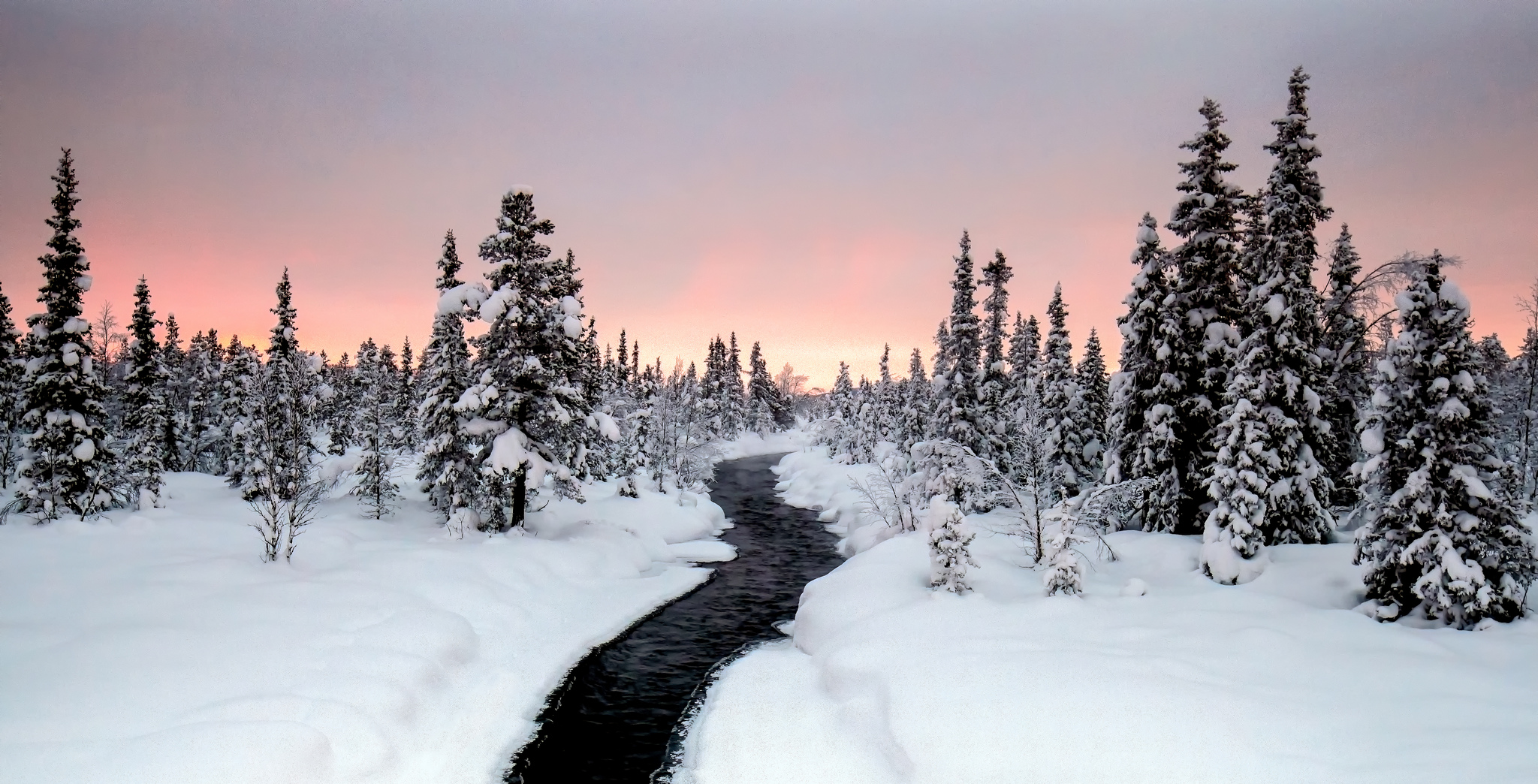 HD desktop wallpaper: Landscape, Winter, Nature, Snow, Forest, Earth, Stream download free picture