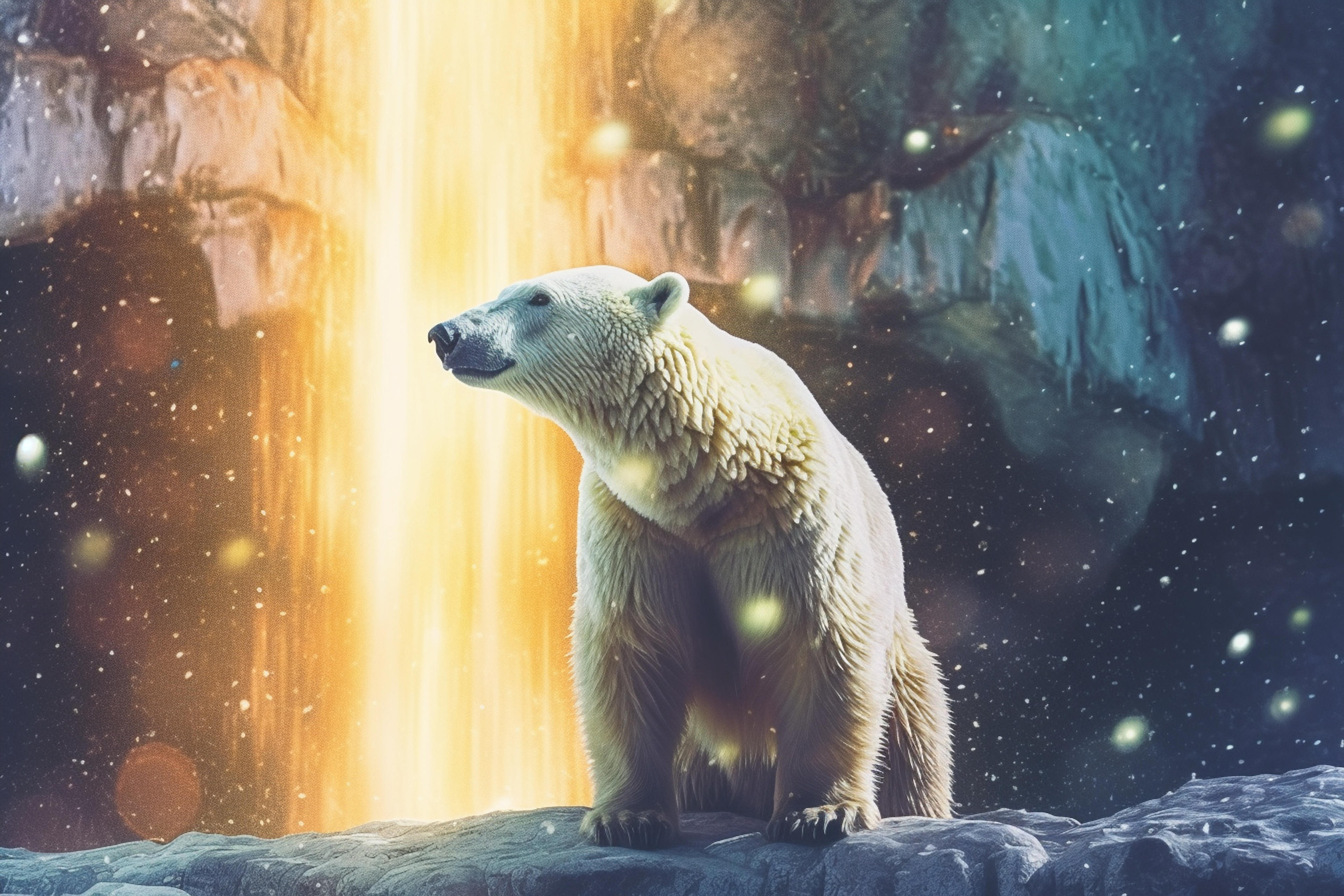 Polar Bear by Waterfall and Gold Lights. Free AI Art Prompts