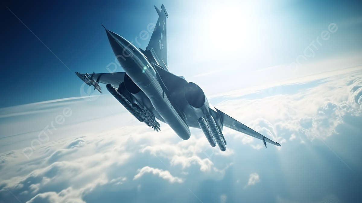 Combat Jet Flying In The Clouds Under Blue Sky Stock Wallpaper Background, Fighter Jet, 3D Render Figter Jet In The Sky Military Aircraft Bottom View, HD Photography Photo Background Image And Wallpaper