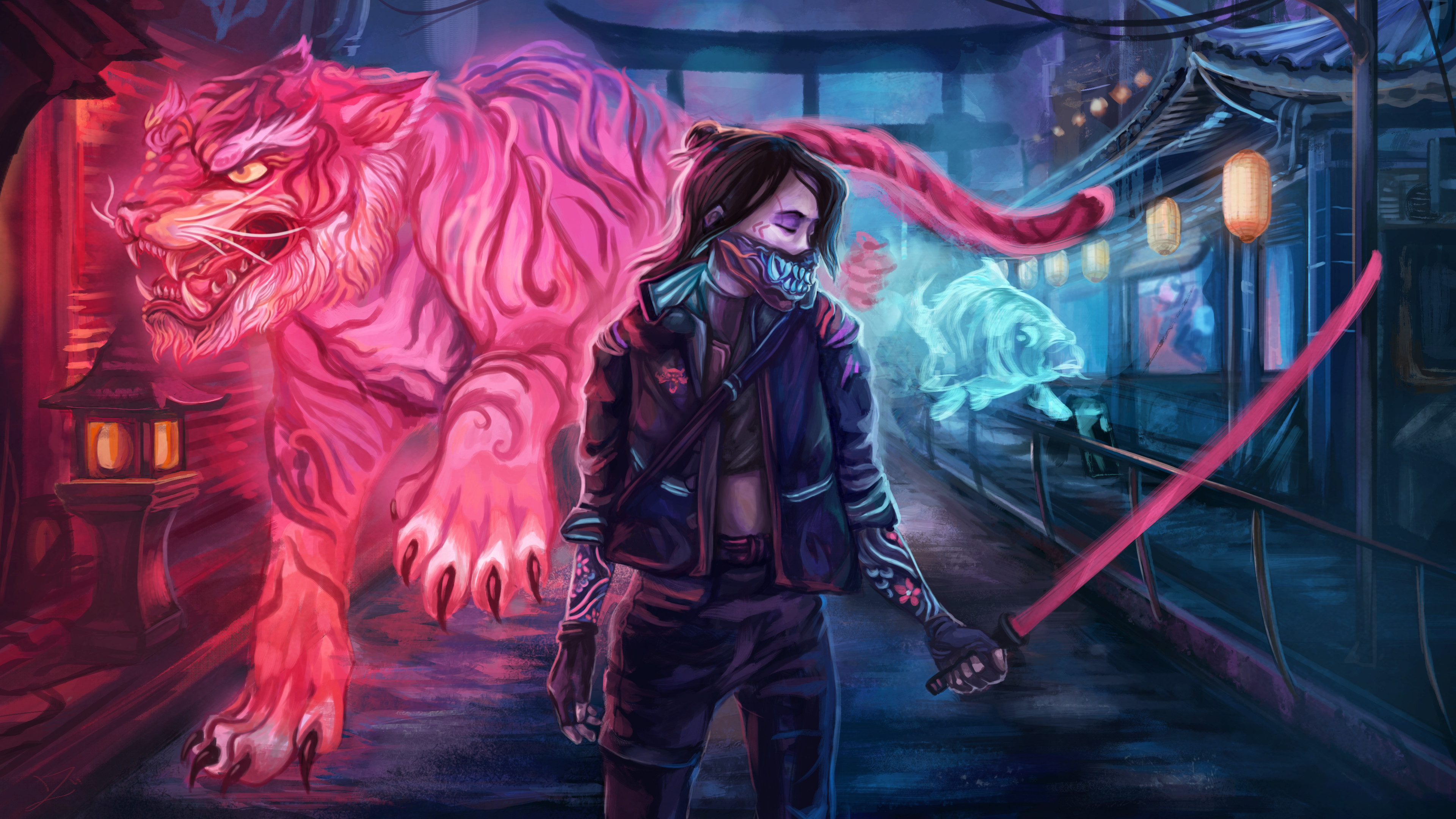 HD desktop wallpaper: Tiger, Sword, Video Game, Woman Warrior, Cyberpunk 2077 download free picture