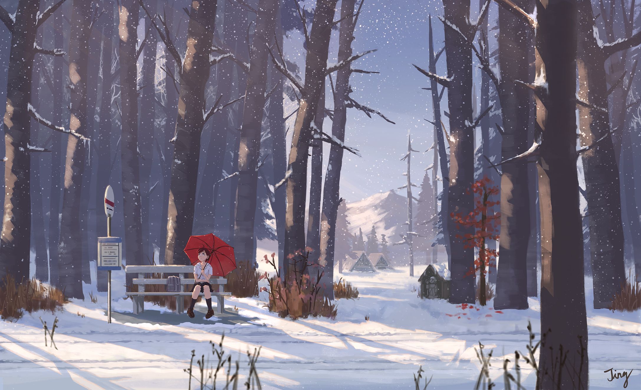 HD desktop wallpaper: Anime, Winter, Snow, Forest, Umbrella, Blue Eyes, Short Hair, Red Hair download free picture