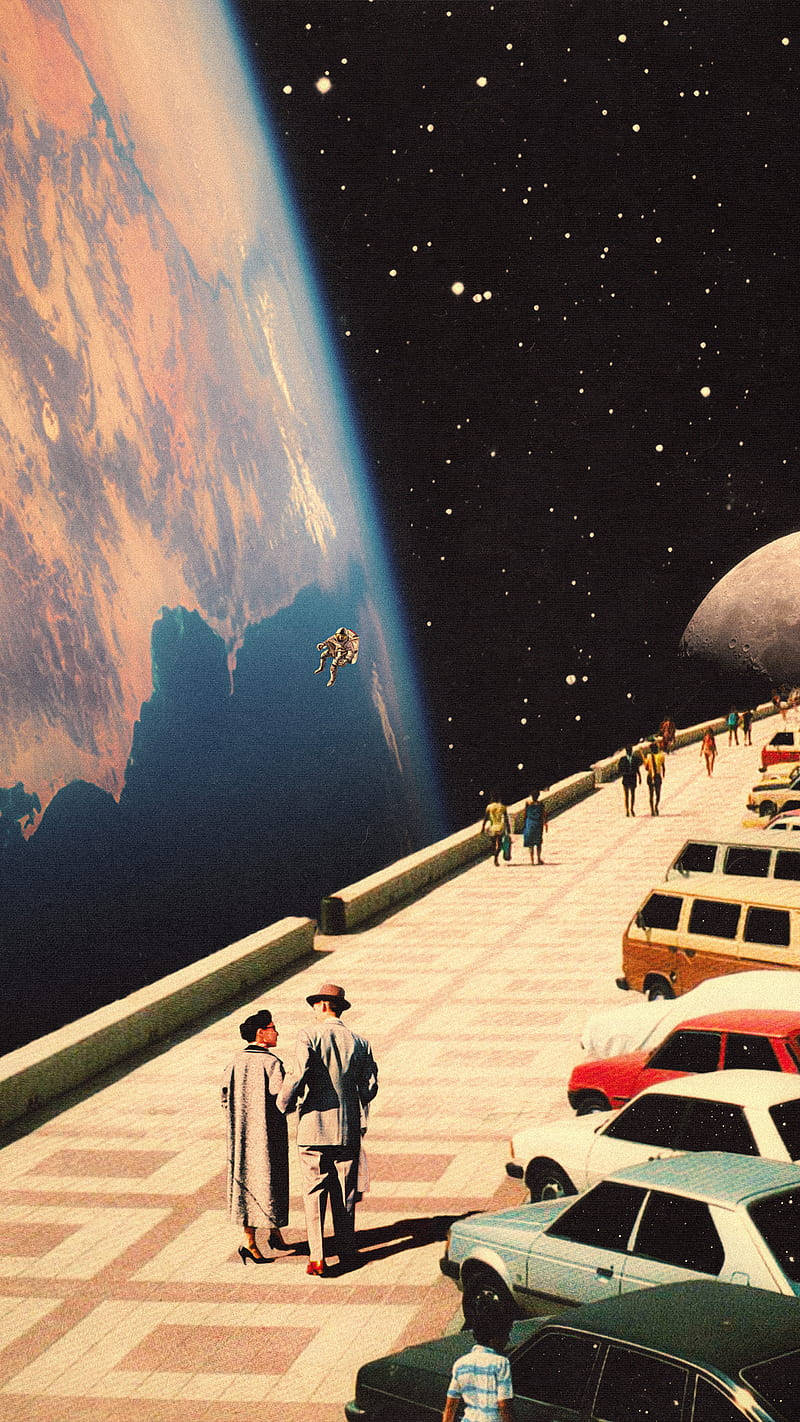 Download An astronaut takes a stroll through a retro space station Wallpaper