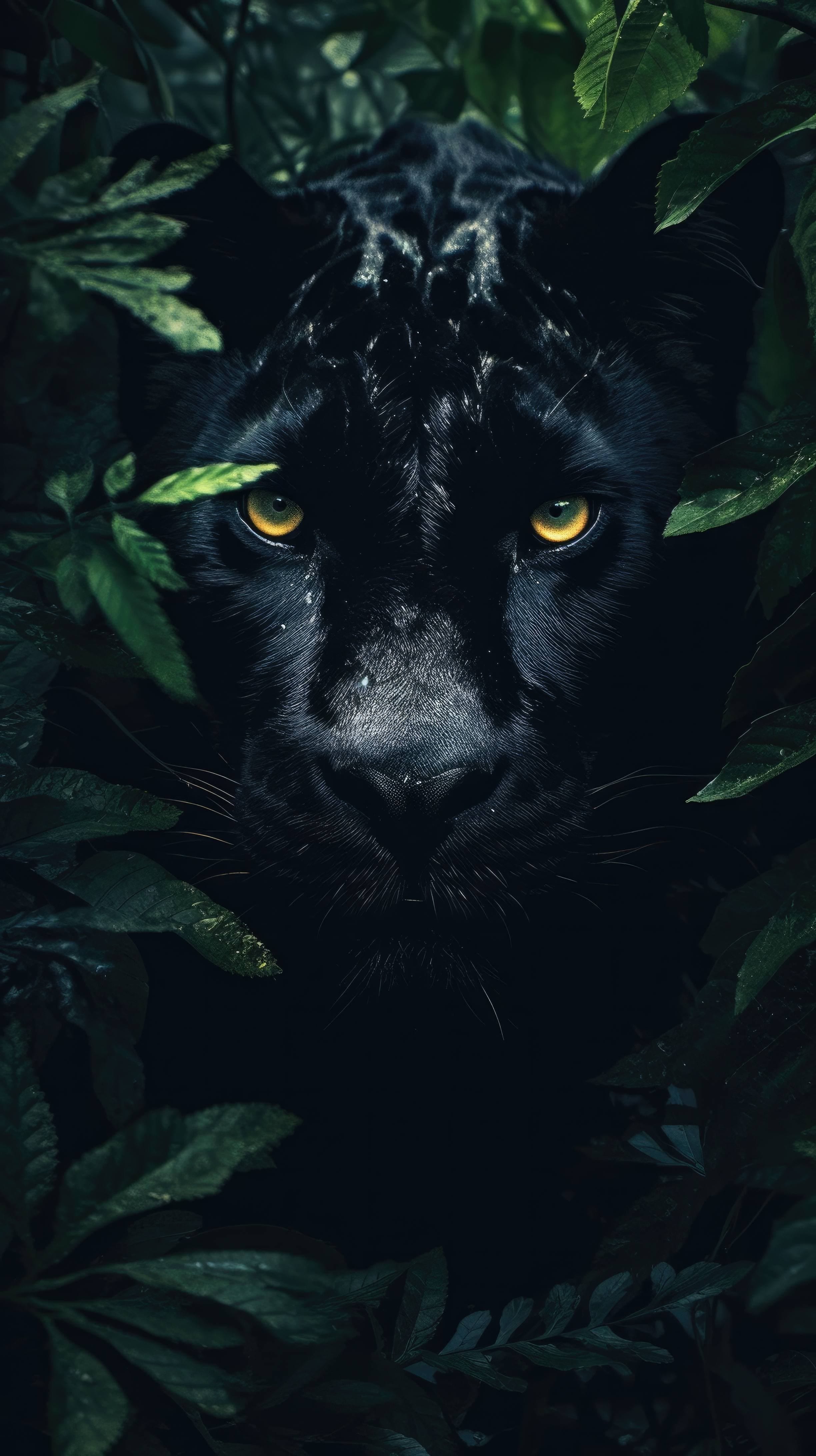 A 4K ultra HD mobile wallpaper depicting a powerful and agile Black Panther, stealthily prowlingse undergrowth of a tropical rainforest, its mesmerizing green eyes piercingkness