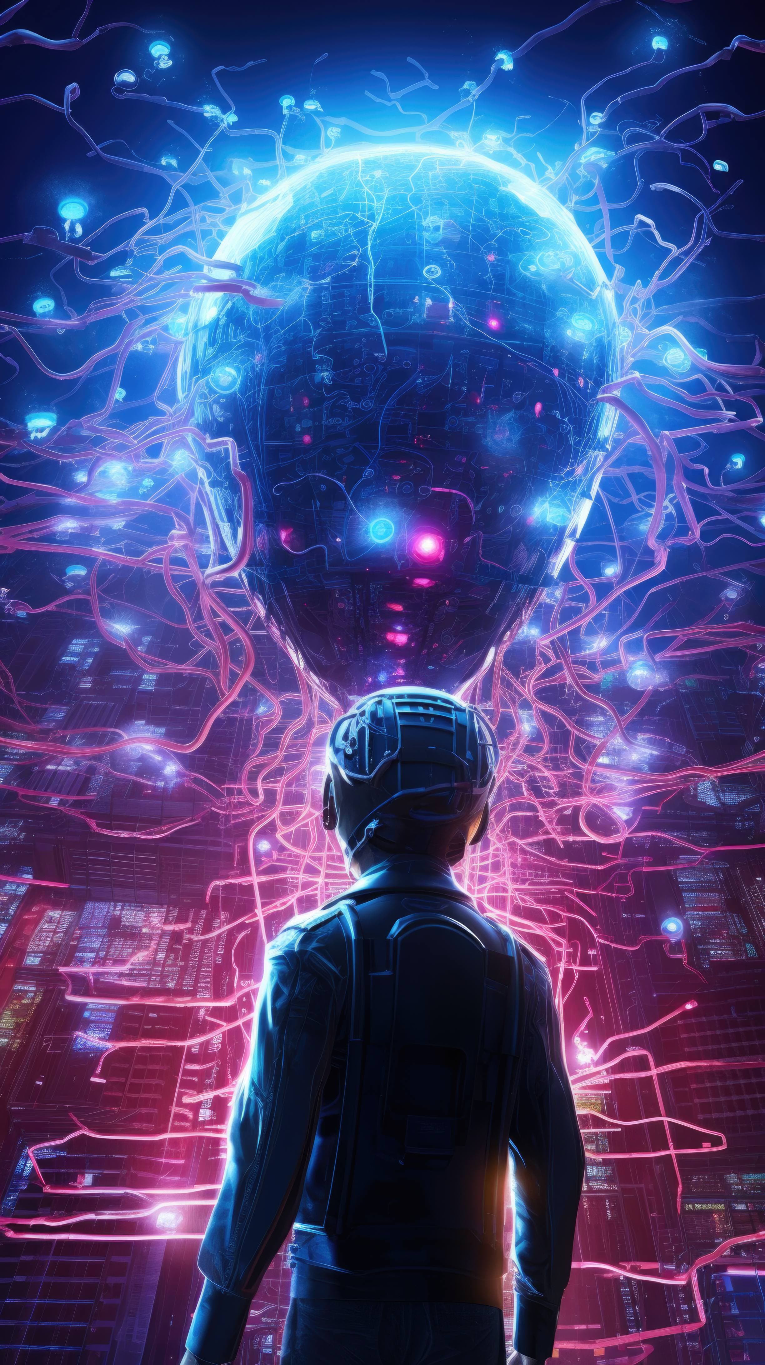 Electric Dreamscape, Circuit Laden Brain, Against A Backdrop Of Cybernetic Constellations