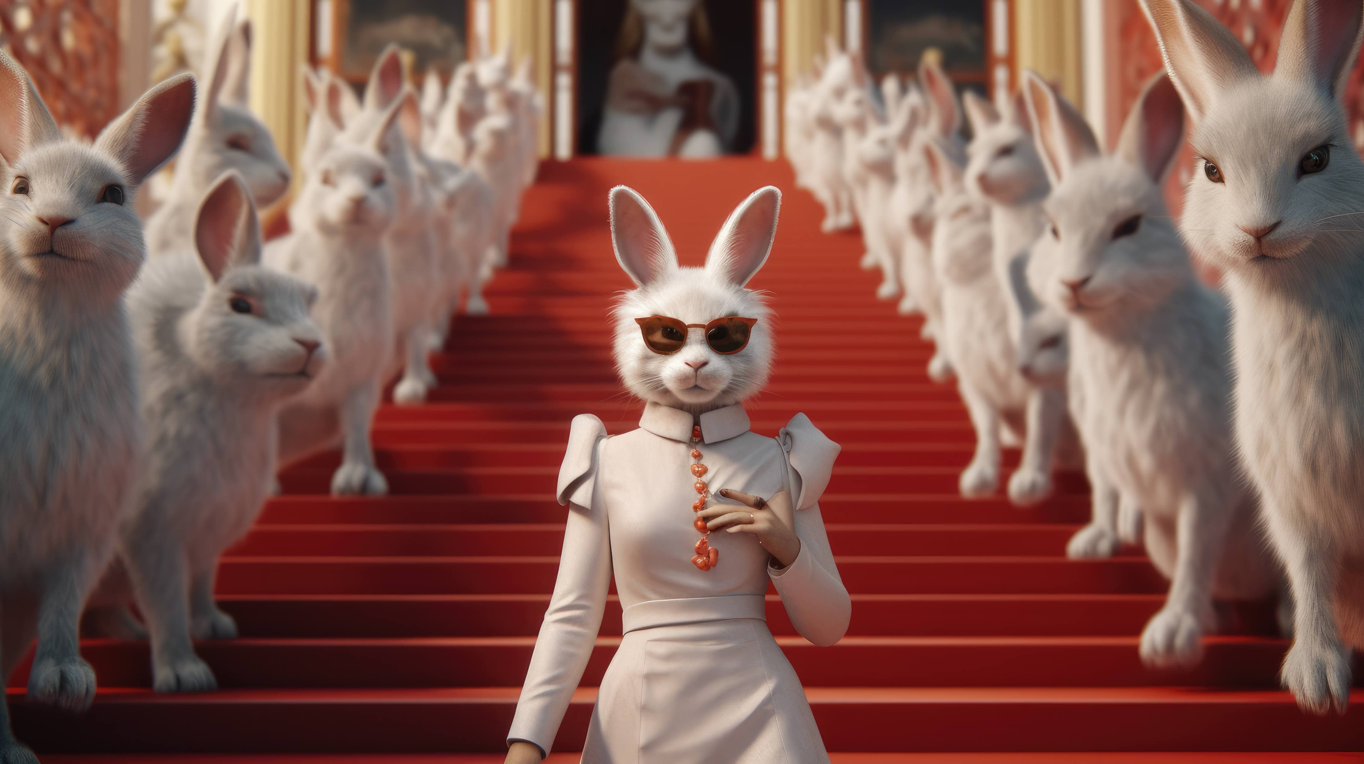 A 4K ultra HD wallpaper of a fashionable rabbit wearing sunglasses and a chic dress, walking a red carpet surrounded by other animals dressed in glamorous attire