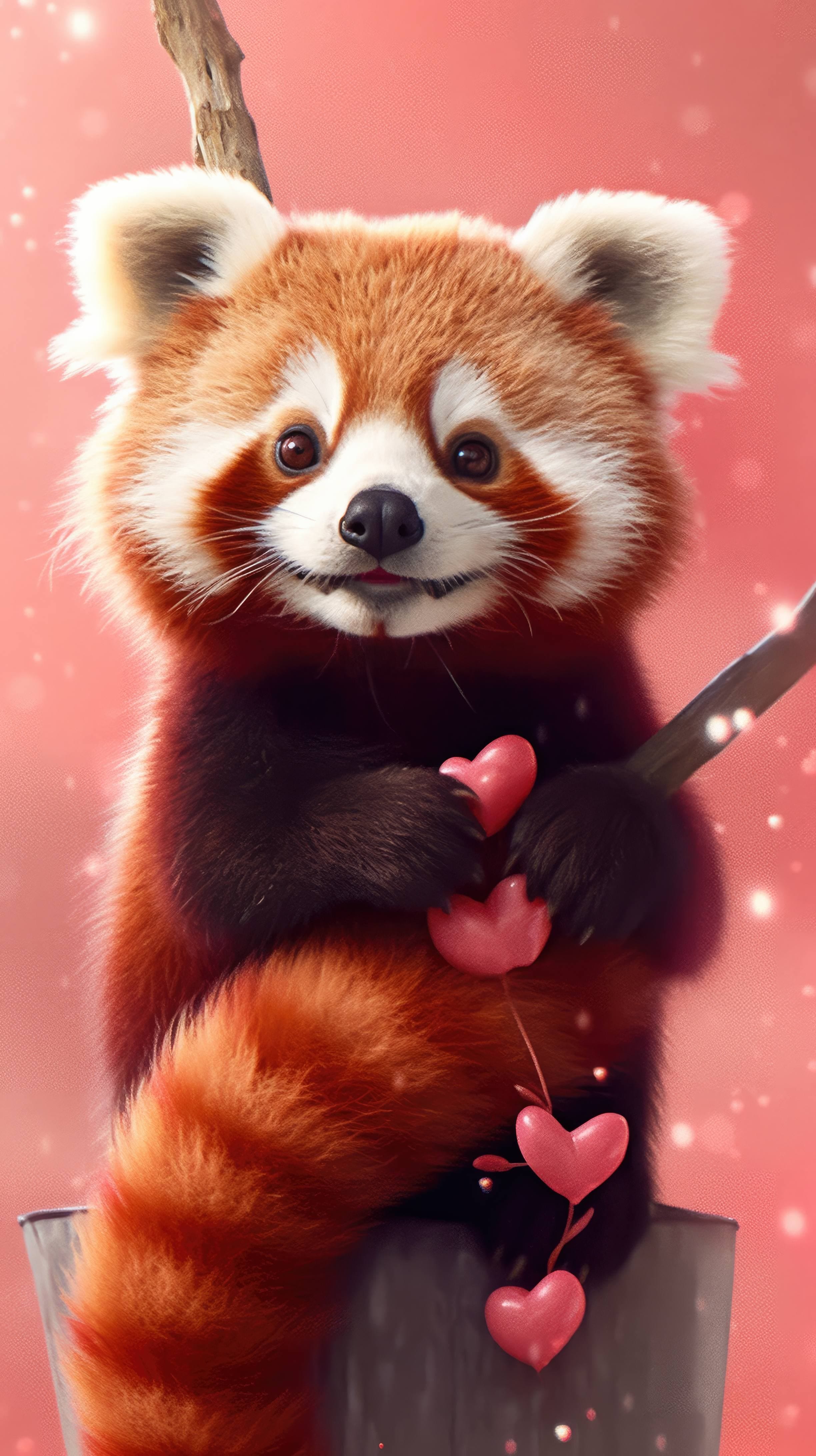 A 4K ultra HD mobile wallpaper depicting a playful and mischievous Red Panda, perched on a branch, its fluffy red fur and adorable face capturing hearts with its charm