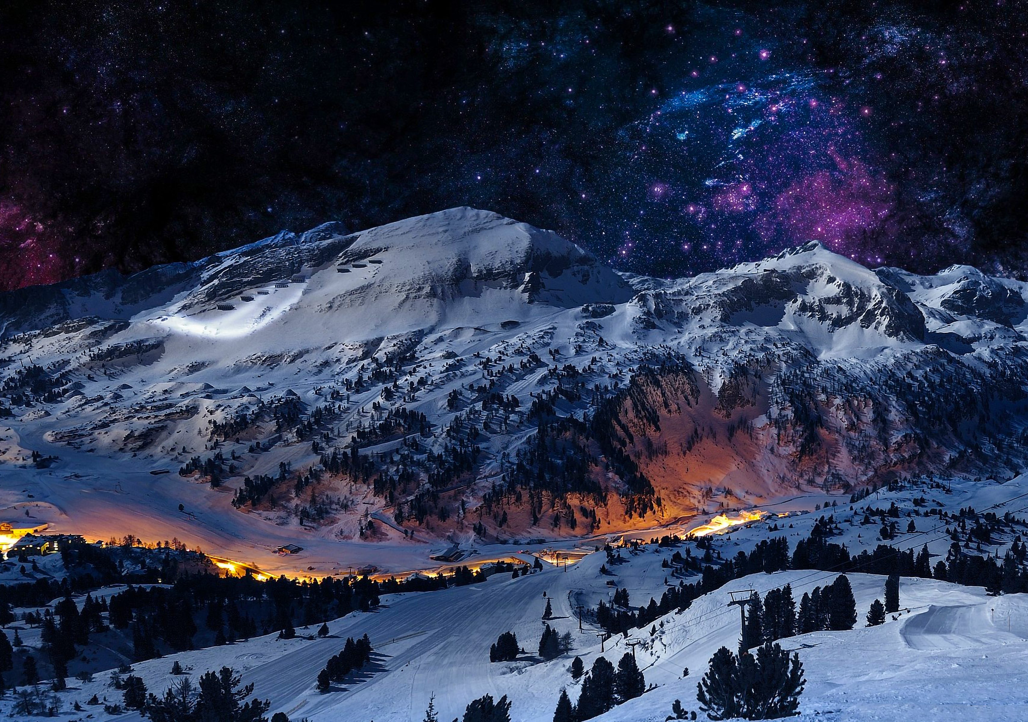 Mountain Night Sky Snow Blue Stars Nature 4K Wallpaper
