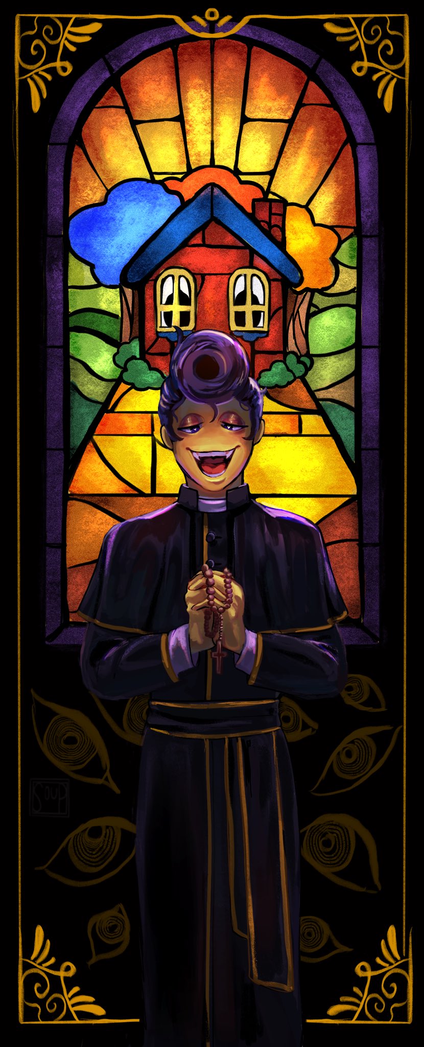 Donny is really tired like drawing a wallpaper involving of Wally Priest and stained glass #welcomehome #welcomehomefanart #WelcomeHomeWally #WallyDarling #fanart #digitalart #welcomehomepuppetshow