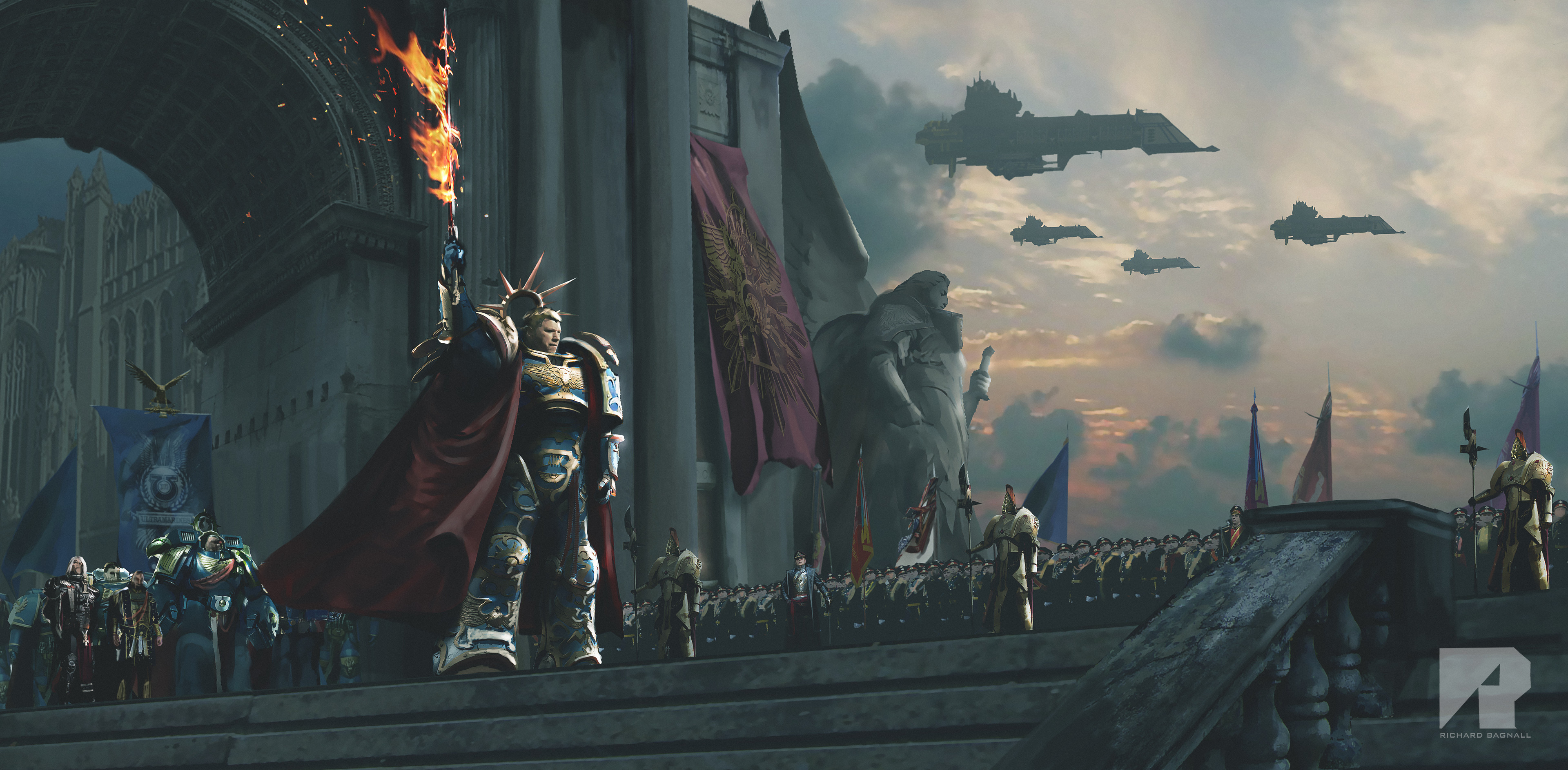 primarch, sister of battle, video game characters, Warhammer, Warhammer 30,000, Warhammer 40,000, science fiction, high tech, magic, primarchs, blue, gold, red, dark, black, power armor, spaceship, statue, sky, clouds, fire, torches, army