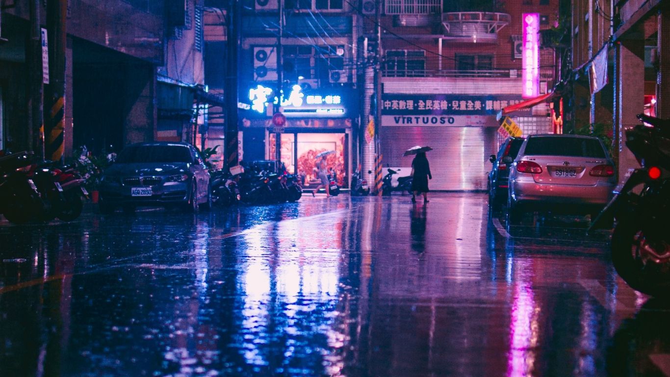 Download wallpaper 1366x768 rain, lights, city street, reflections, tablet, laptop, 1366x768 HD background, 18959