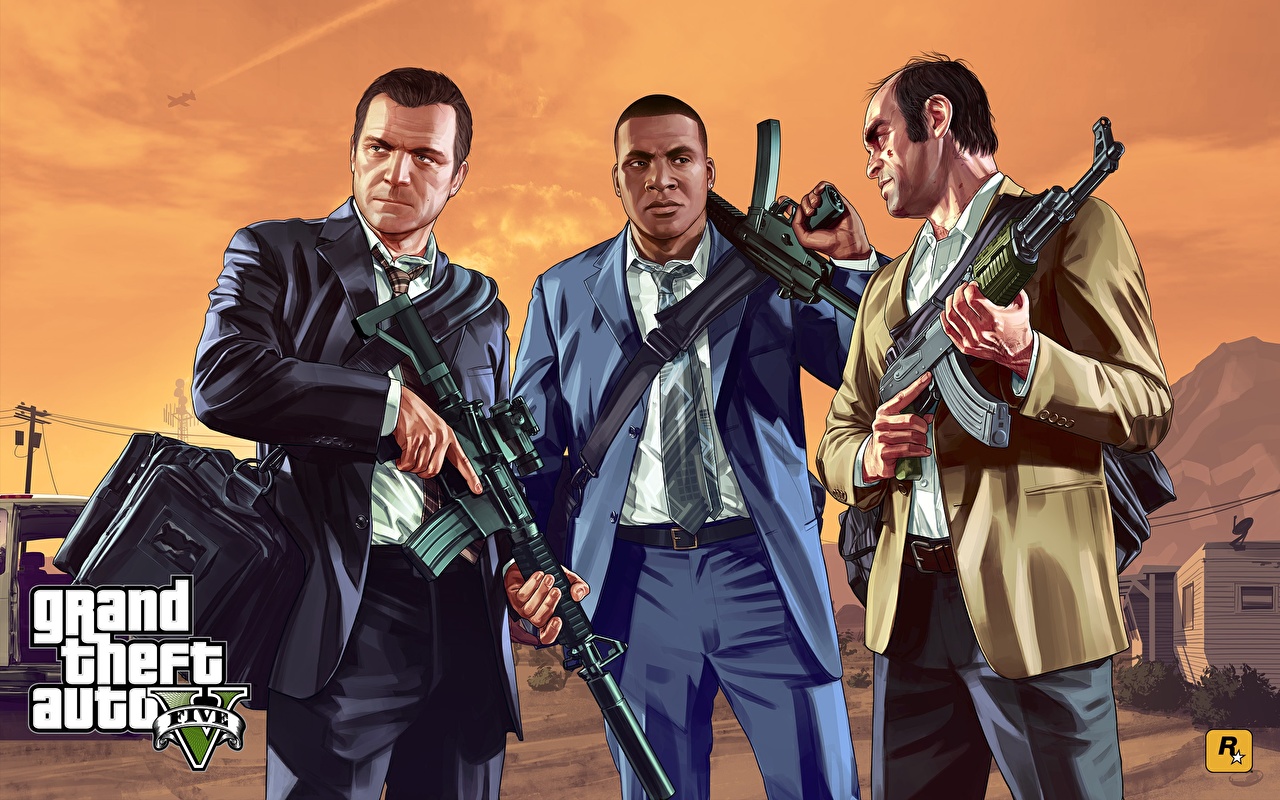 Desktop Wallpaper GTA 5 Men Assault rifle Franklin, Trevor, Michael