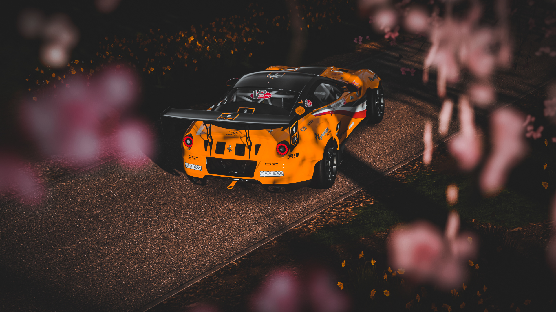Ferrari, Formula Drift, Forza, Forza Horizon 4, car, vehicle, drift cars, Ferrari 599, video games, screen shot, high angle, cherry blossom, orange carsx1080 Wallpaper
