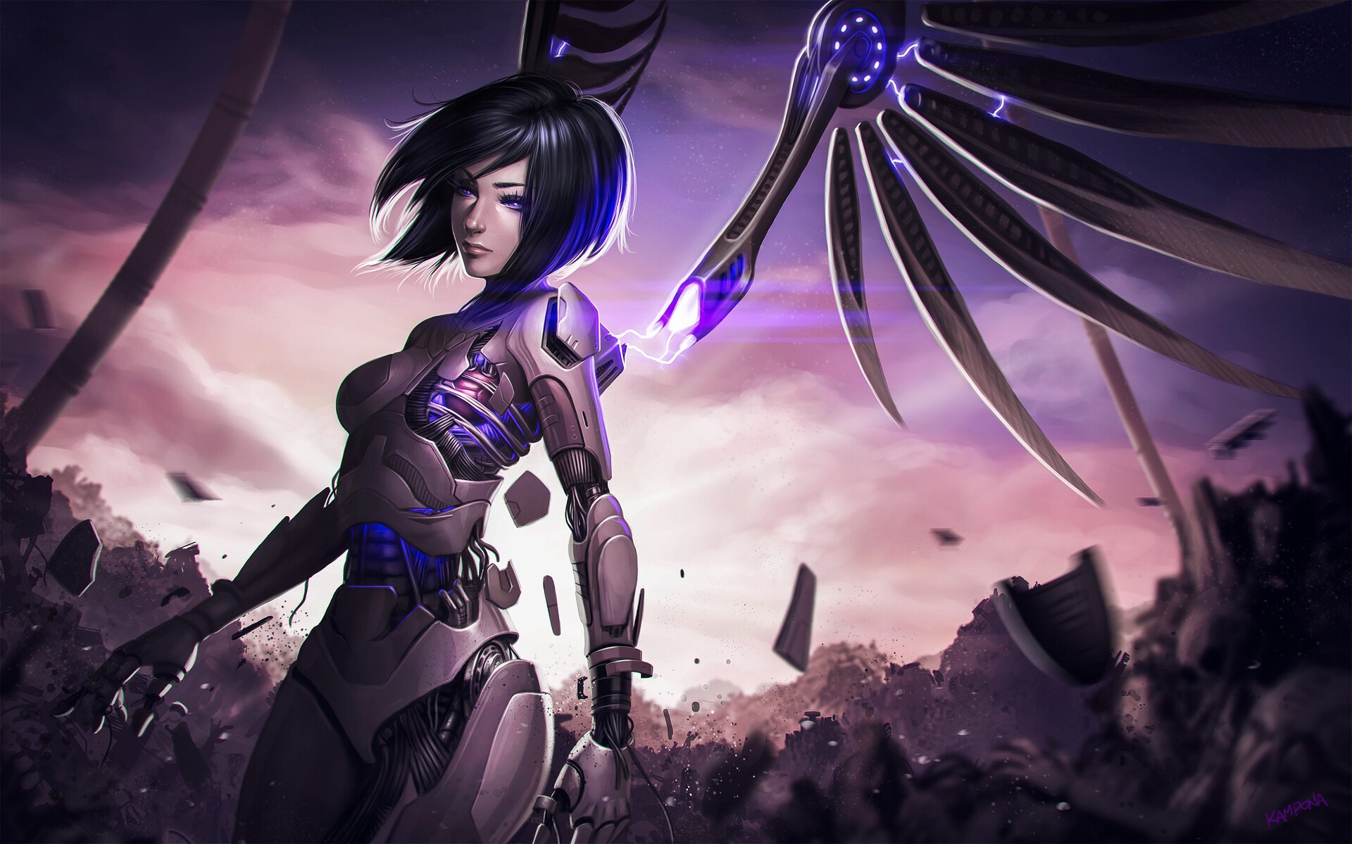 dark hair, anime girls, cyborg, anime, wings, futuristic, purple eyes, Alita, electricx1199 Wallpaper
