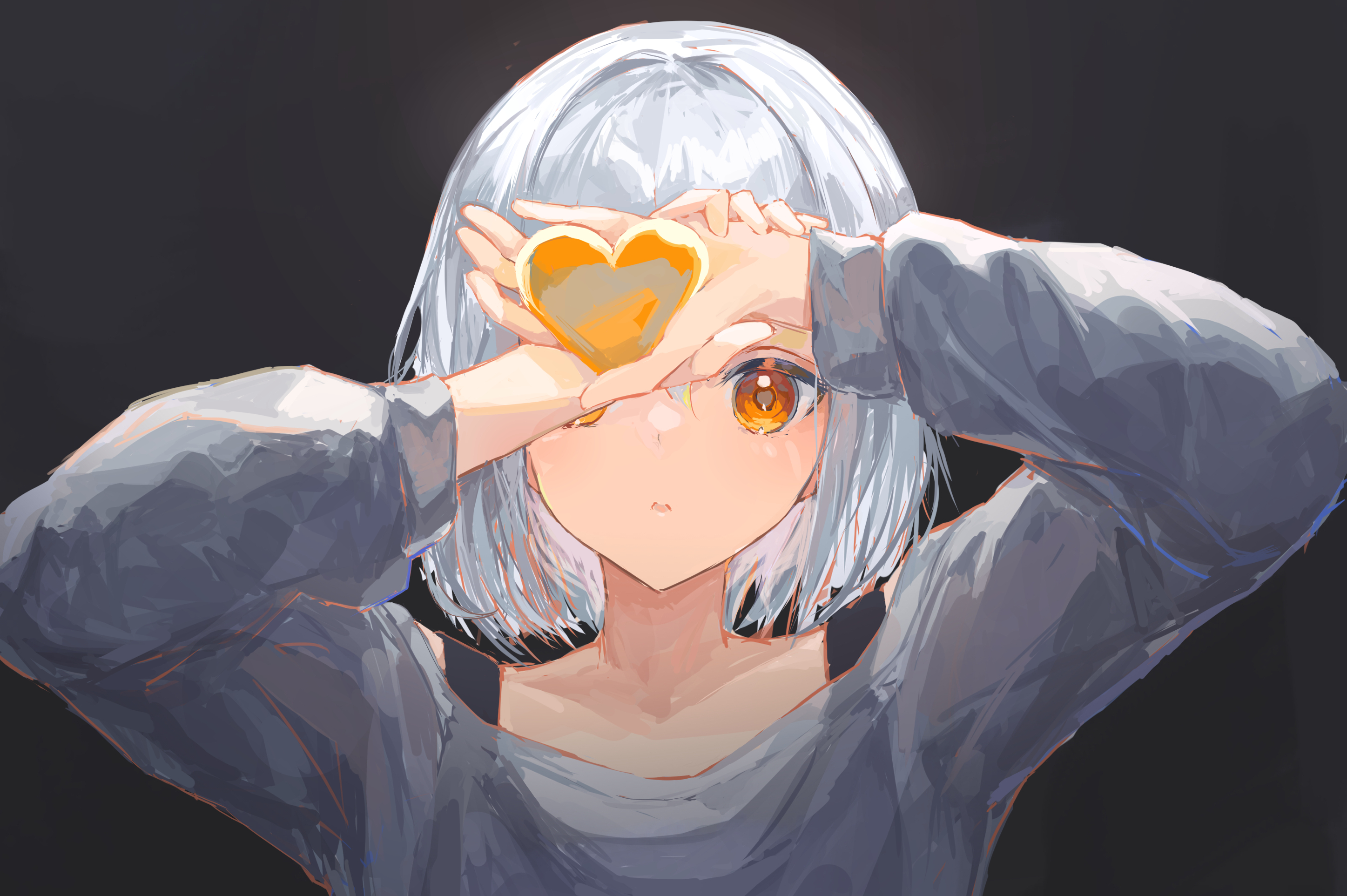 Mobile wallpaper: Anime, Girl, Heart, Orange Eyes, Grey Hair, 1071954 download the picture for free