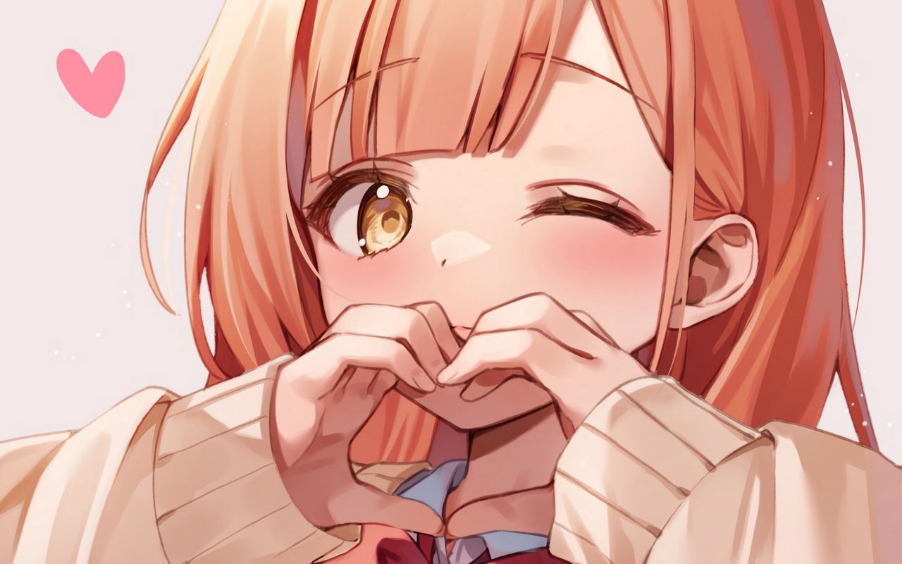 Download wallpaper 1280x800 girl, blush, gesture, heart, love, anime widescreen 16:10 HD background