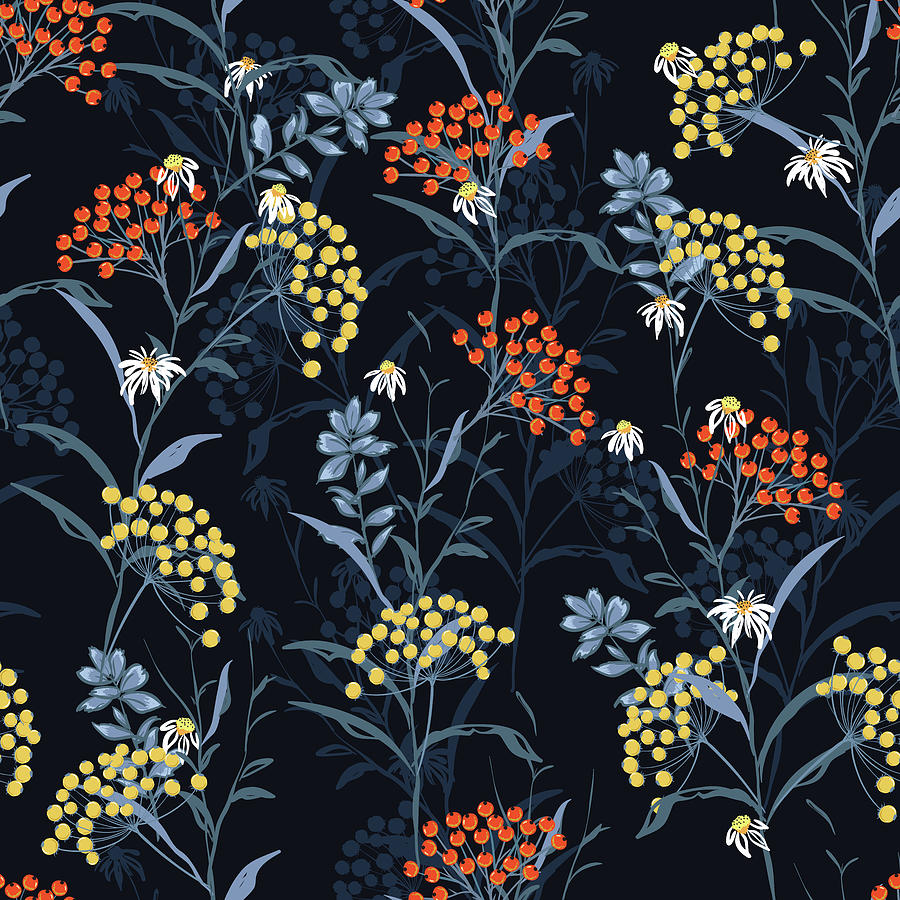 Beautiful dark Autumn seamless pattern with orange and yellow berries and leaves. Fall colorful floral background on navy blue background. Drawing