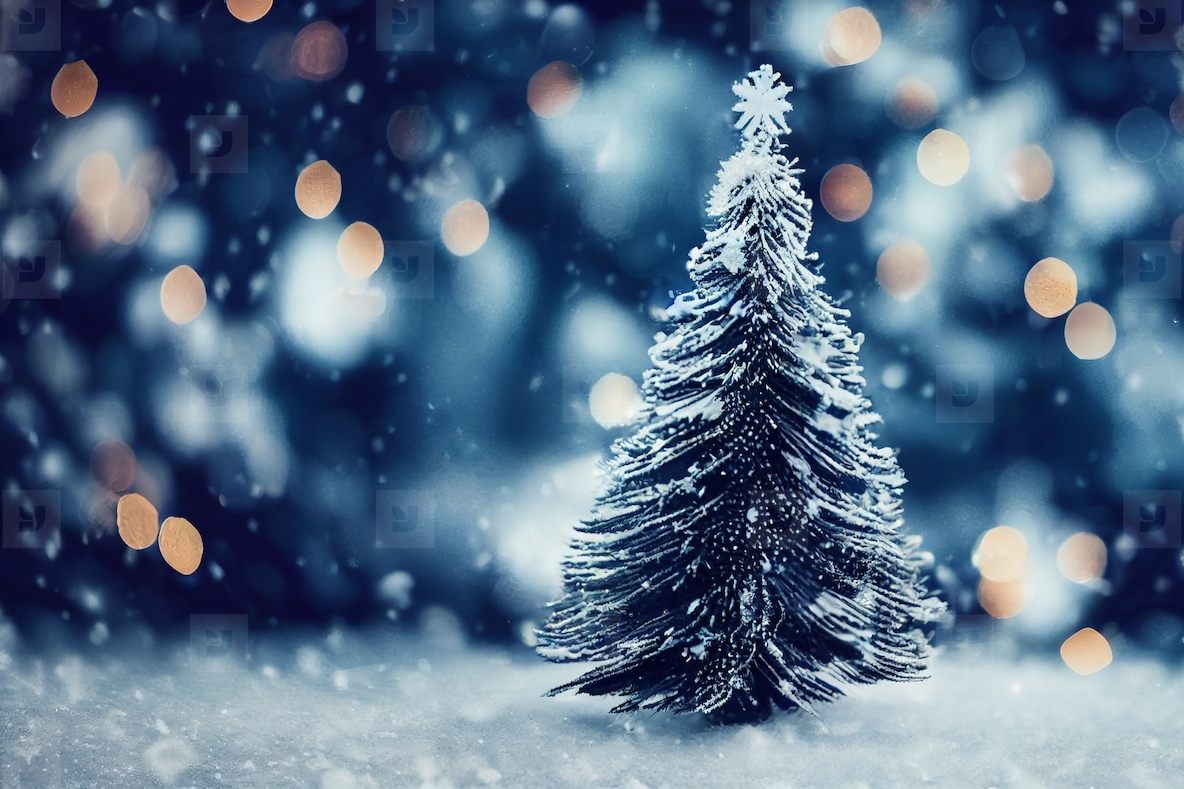 Abstract blurred bokeh background of Christmas tree with snow an