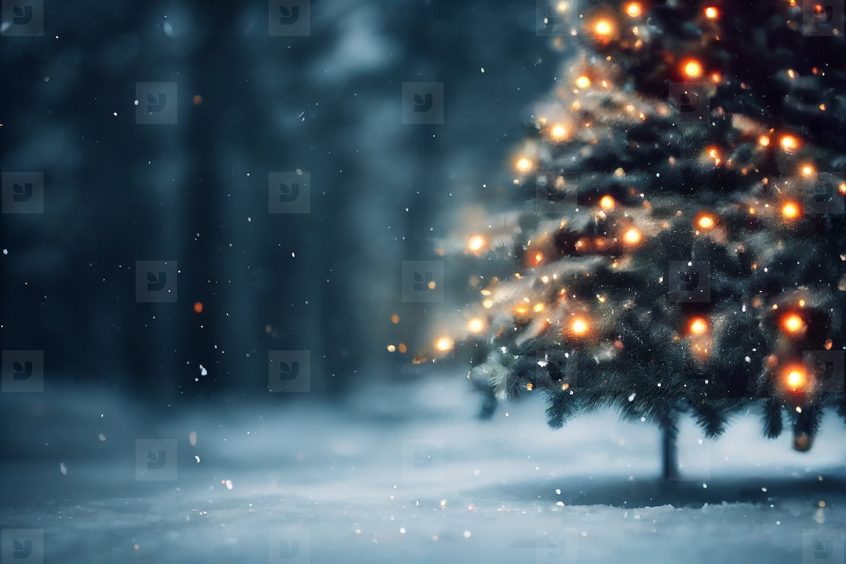 Abstract blurred bokeh background of Christmas tree with snow