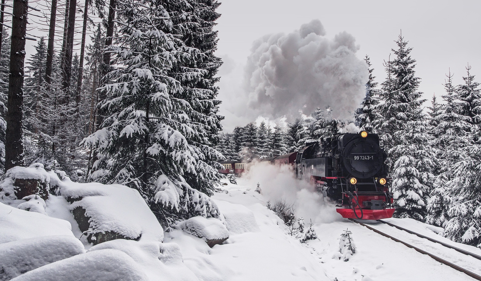 Winter Steam Train in Snowy Forest