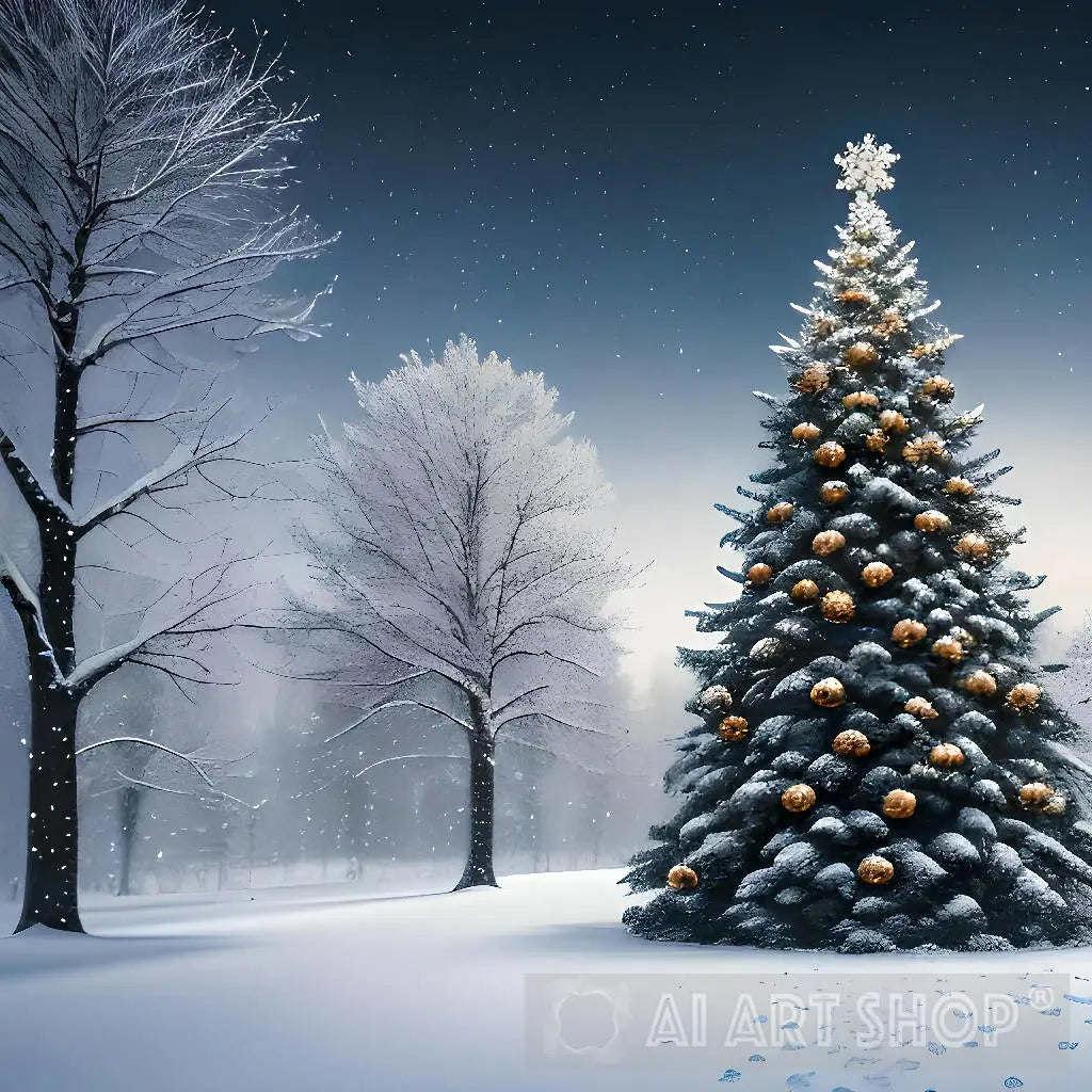 A Snow Covered Winter Wonderland, With A Majestic Christmas Tree In