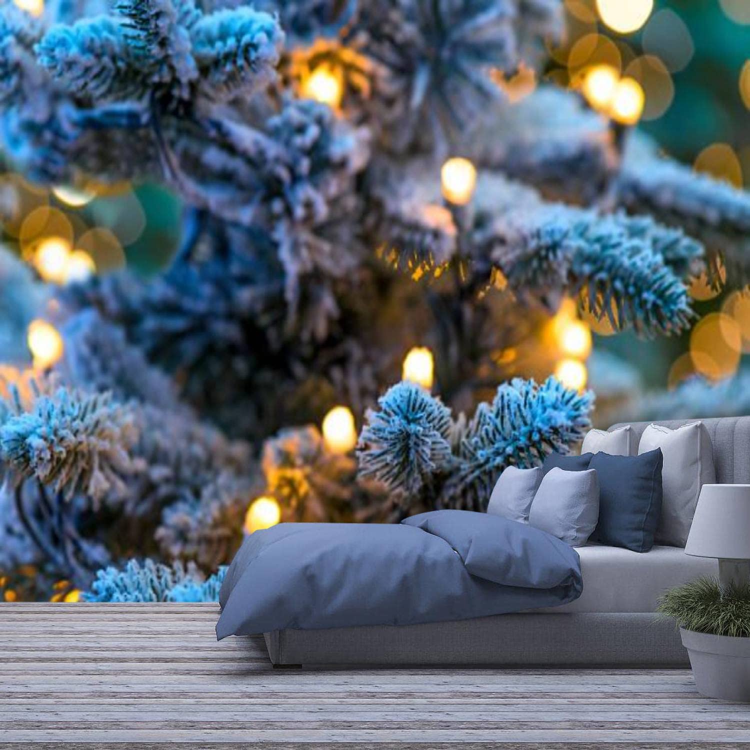 AFWADFWA Modern 3D Removable Wallpaper Self Adhesive Christmas Winter Green Tree Close Up Snow Wall Murals Peel And Stick Wall Stickers For Living Room Bedroom Wall Decor