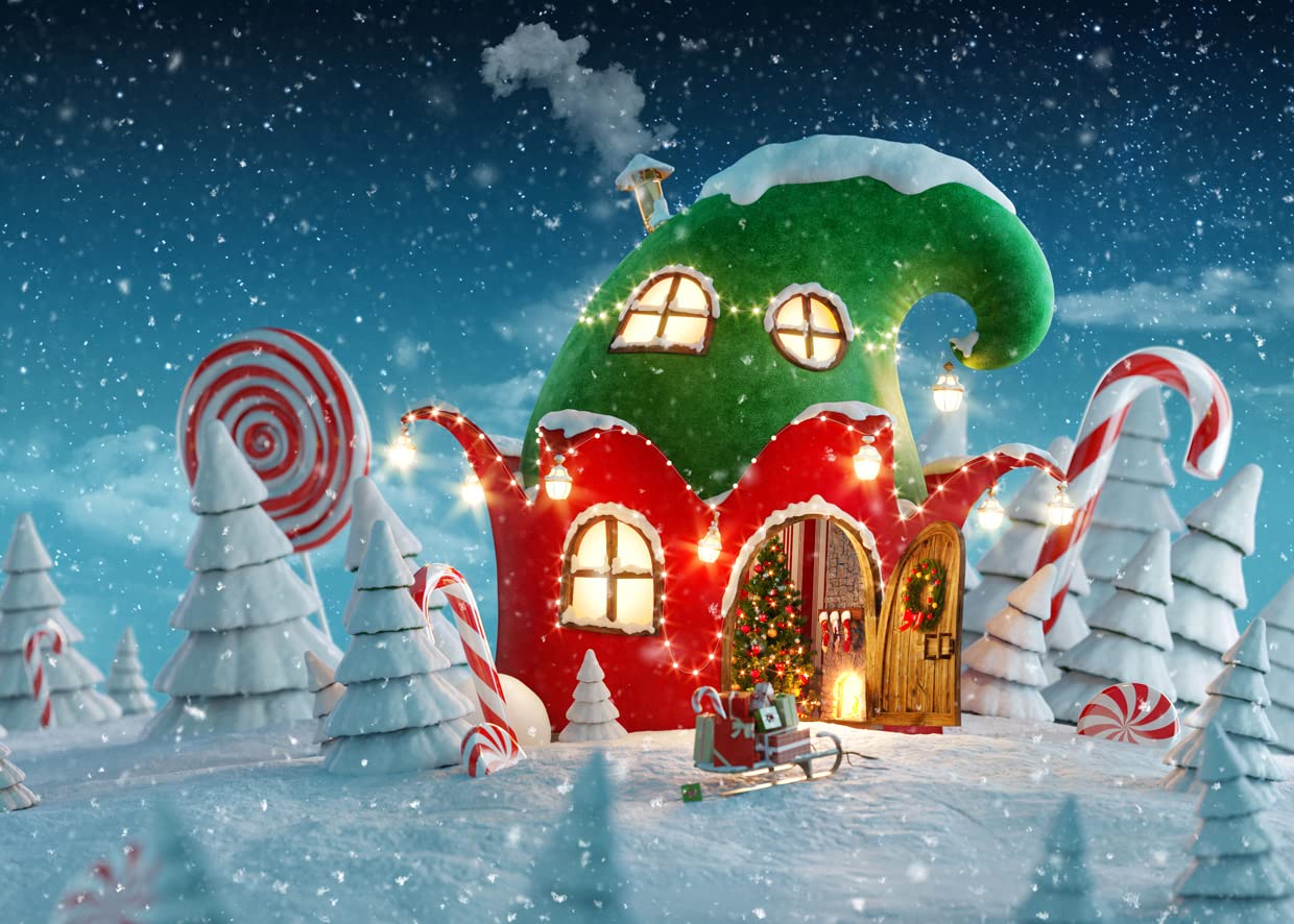 Amazon.com, LYWYGG 8x6ft Christmas Backdrop Winter Snowflake Photography Background Christmas Candy Tree Christmas House Backdrops Christmas Winter Red Barn Background Winter Snowy Backdrop CP 301 0806