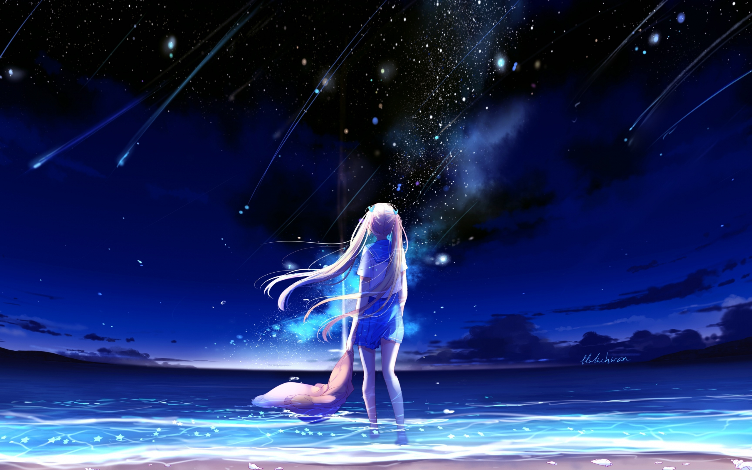 Download wallpaper 2560x1600 anime girl, outdoor, night, starfall, dual wide 16:10 2560x1600 HD background, 5622