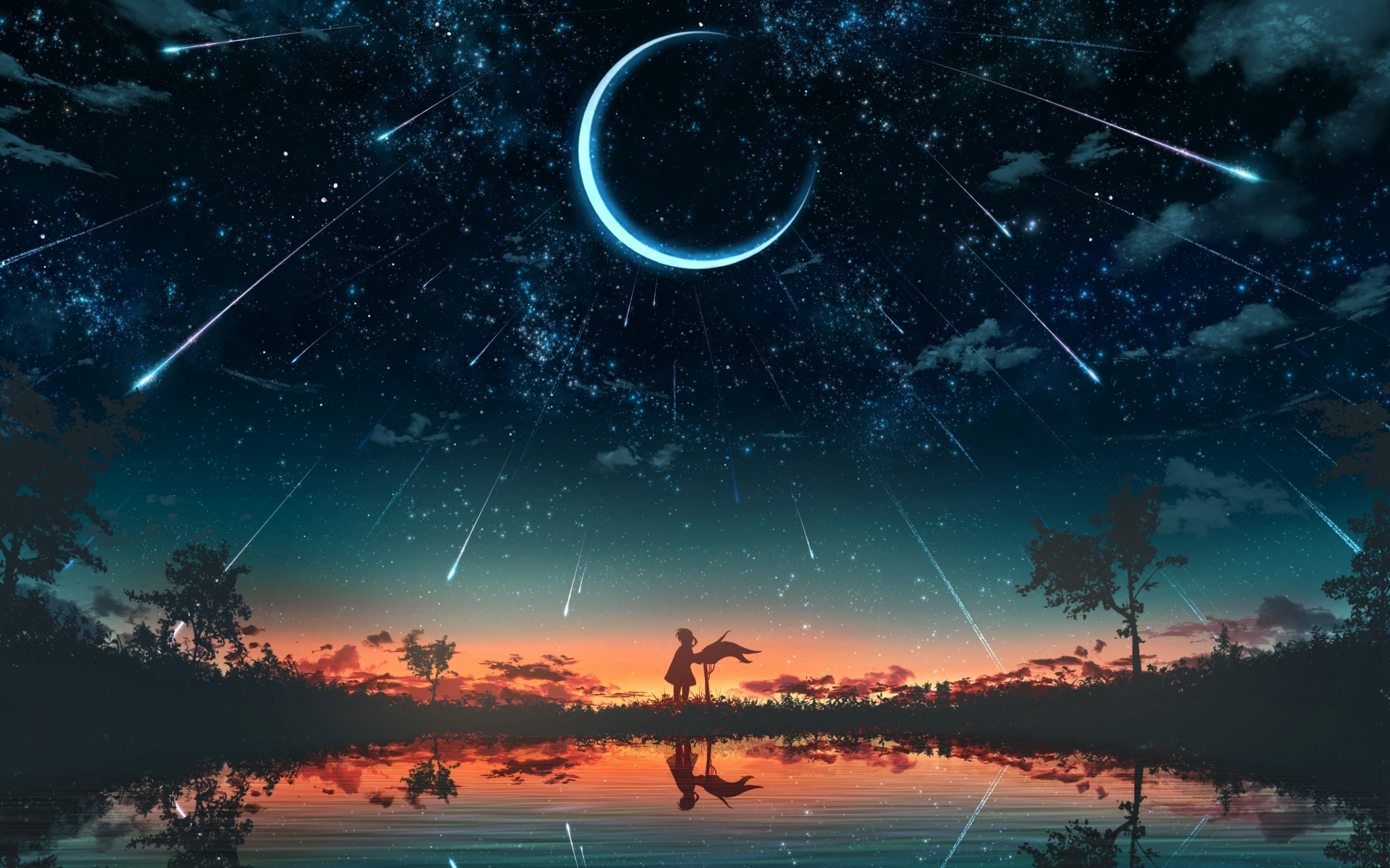 Download wallpaper 2560x1600 anime, original, night, crescent, silhouette, star trails, dual wide 16:10 2560x1600 HD background, 24904