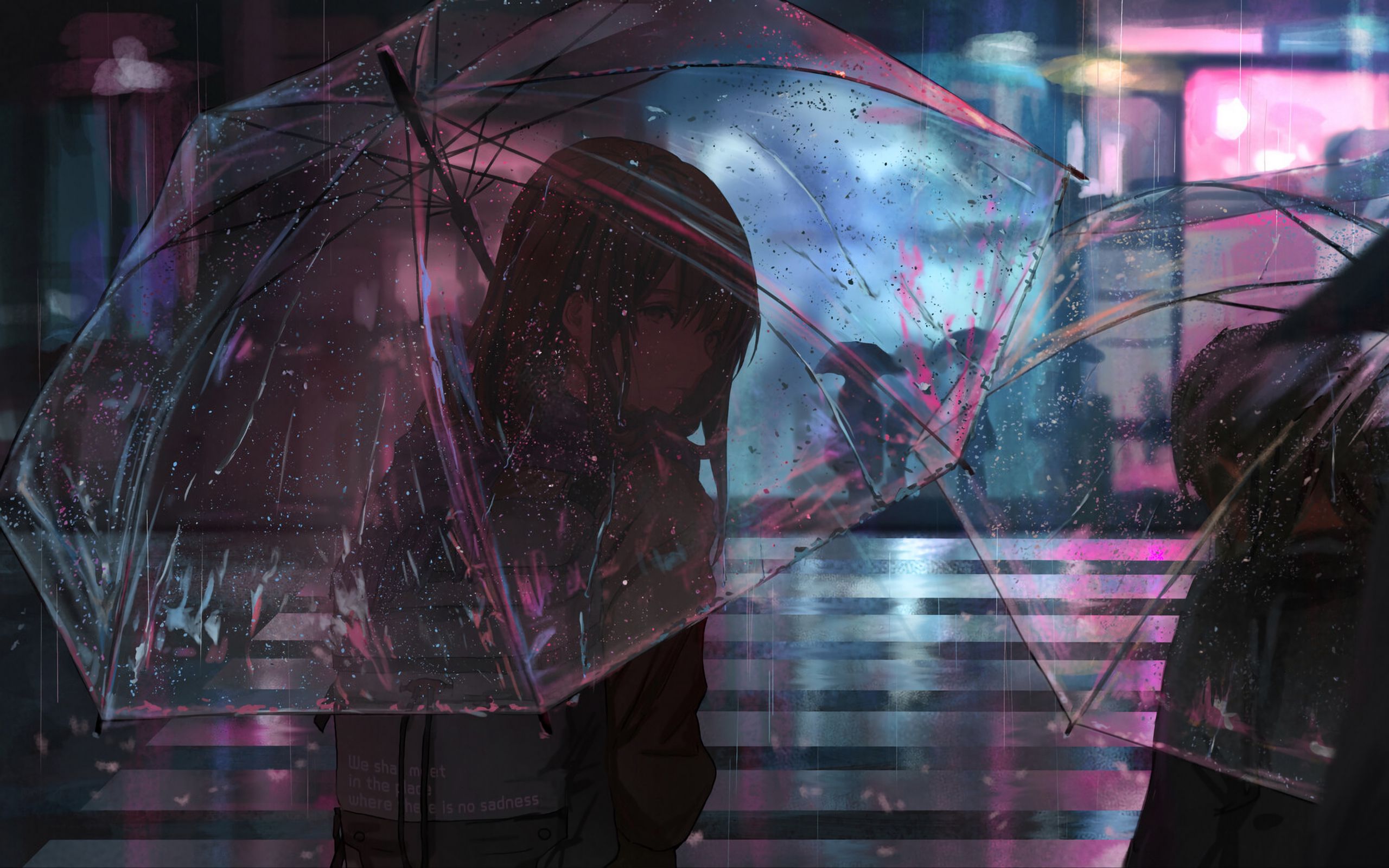 Download wallpaper 2560x1600 girl, umbrella, anime, rain, street, night widescreen 16:10 HD background