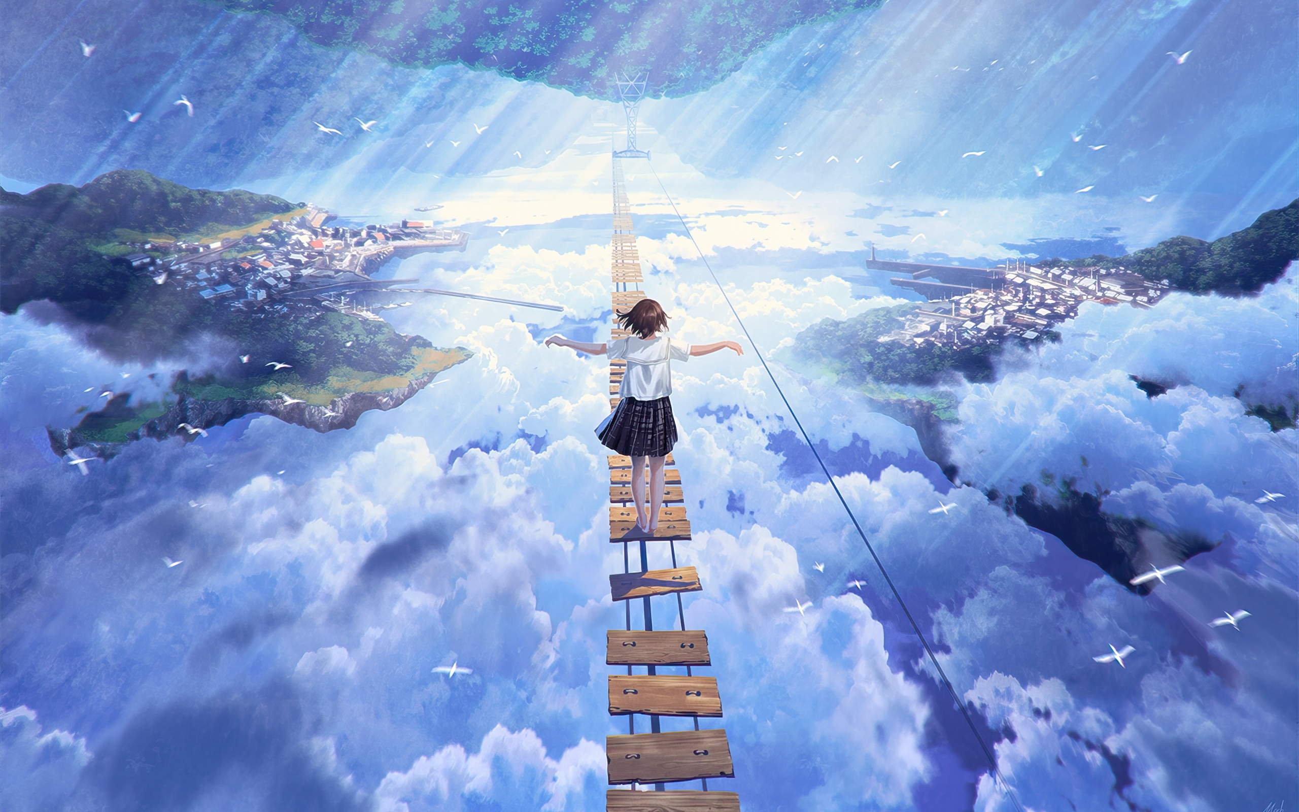 Download wallpaper 2560x1600 anime girl walking on dream bridge, clouds, artwork, dual wide 16:10 2560x1600 HD background, 26554