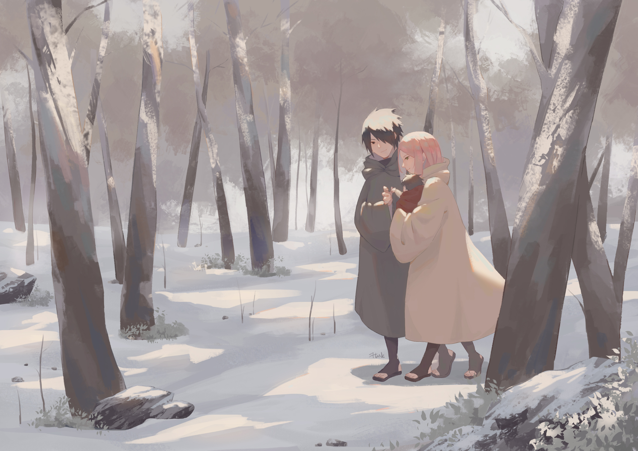 HD desktop wallpaper: Anime, Winter, Naruto, Forest, Coat, Pink Hair, Black Hair, Sasuke Uchiha, Sakura Haruno, Sarada Uchiha download free picture