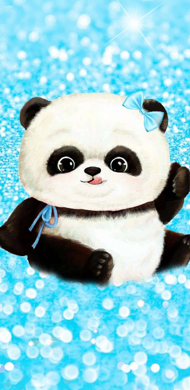 Download Girly Cute Panda Blue Ribbon Wallpaper