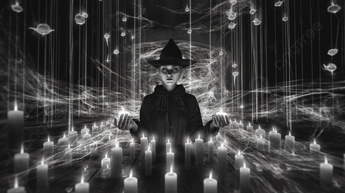Occult Ritual Of A Frightening Witch Featuring Candles Black And White Tones With 3D Glitch Virtual Reality Effect Background, Curse, Witchcraft, Supernatural Background Image And Wallpaper for Free Download