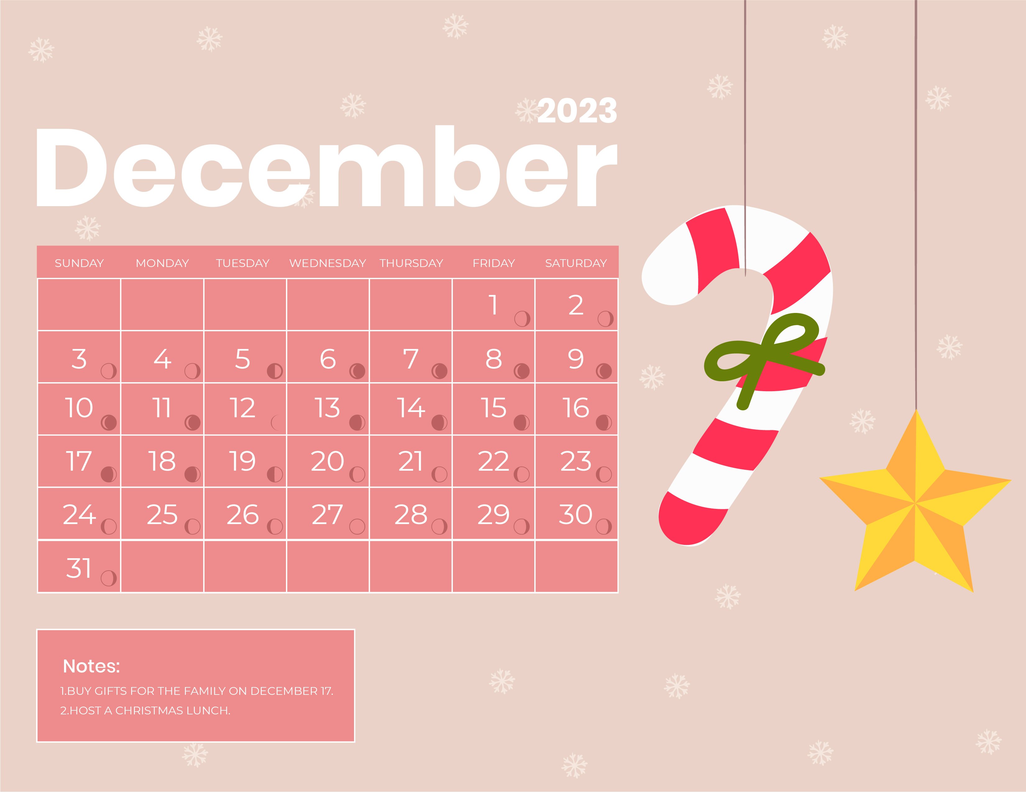 December 2023 Calendar With Moon Phases in Word, Google Docs, Illustrator, EPS, SVG, JPG