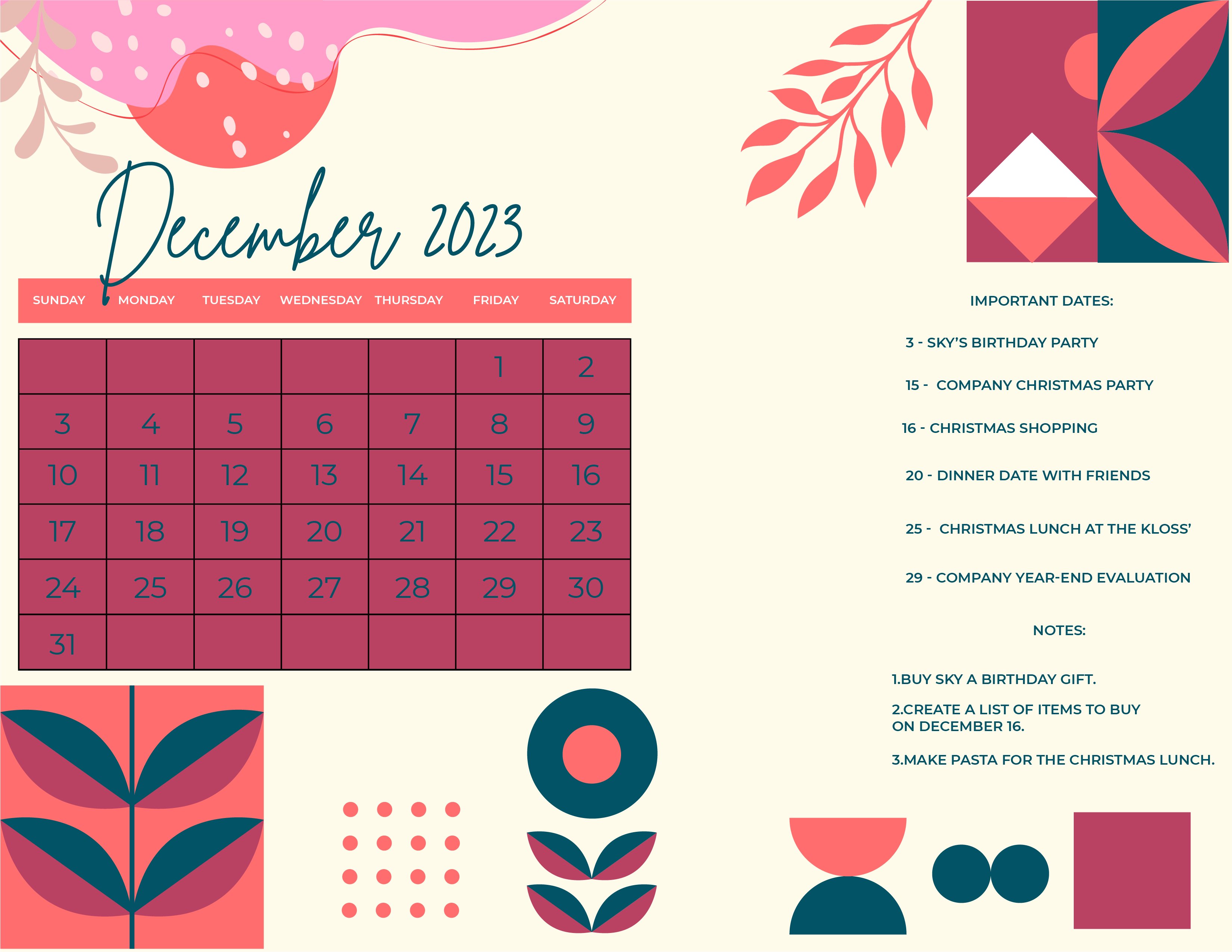 Calligraphy December 2023 Calendar in Word, Google Docs, Illustrator, EPS, SVG, JPG