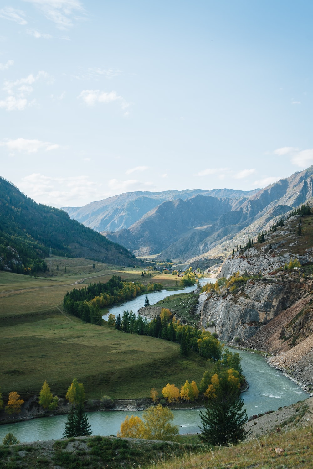A river running through a valley surrounded