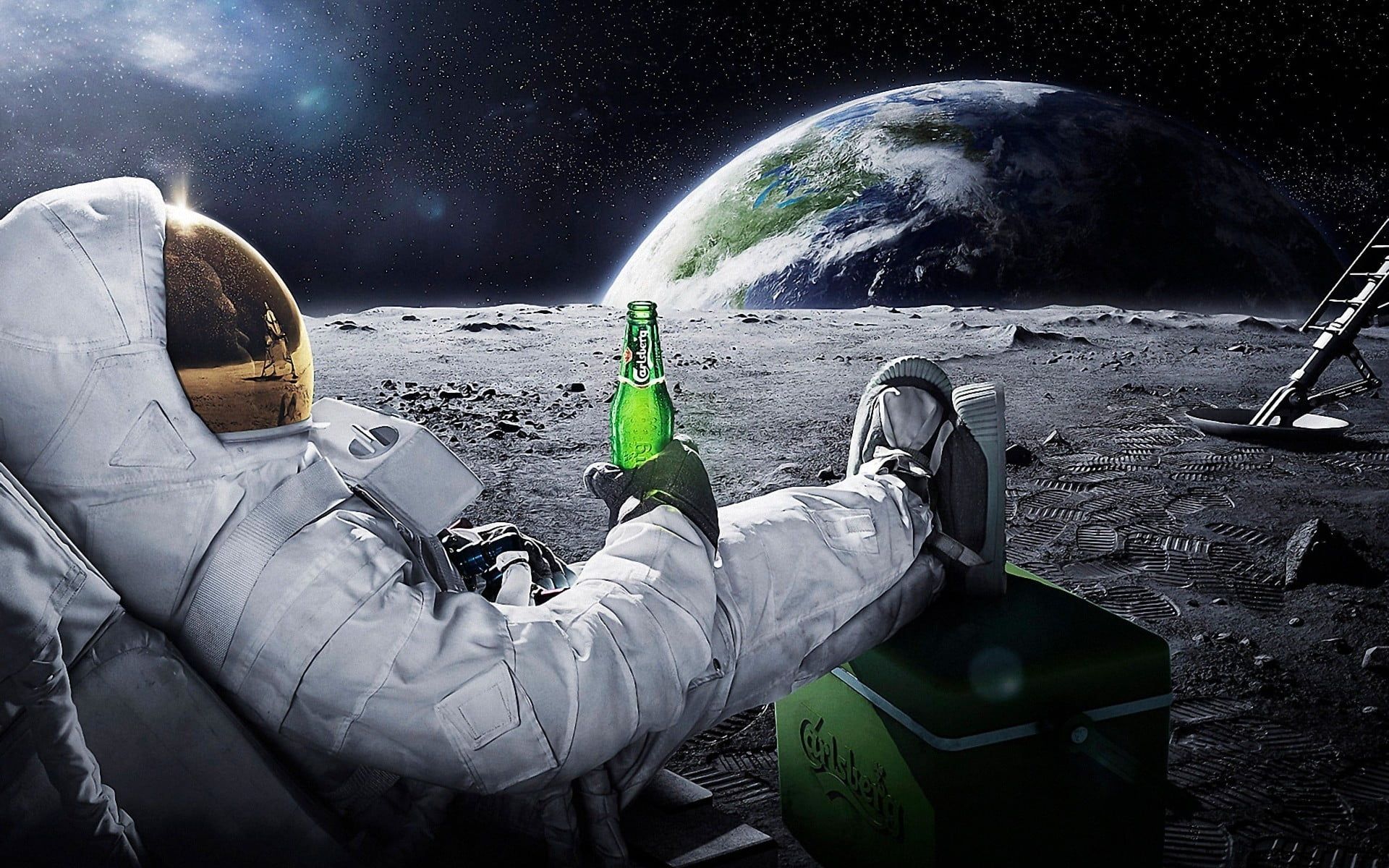 astronaut sitting on moon wallpaper, astronaut holding glass bottle with green liquid sitting on chair out in t. Cool desktop, Computer wallpaper, 1080p wallpaper