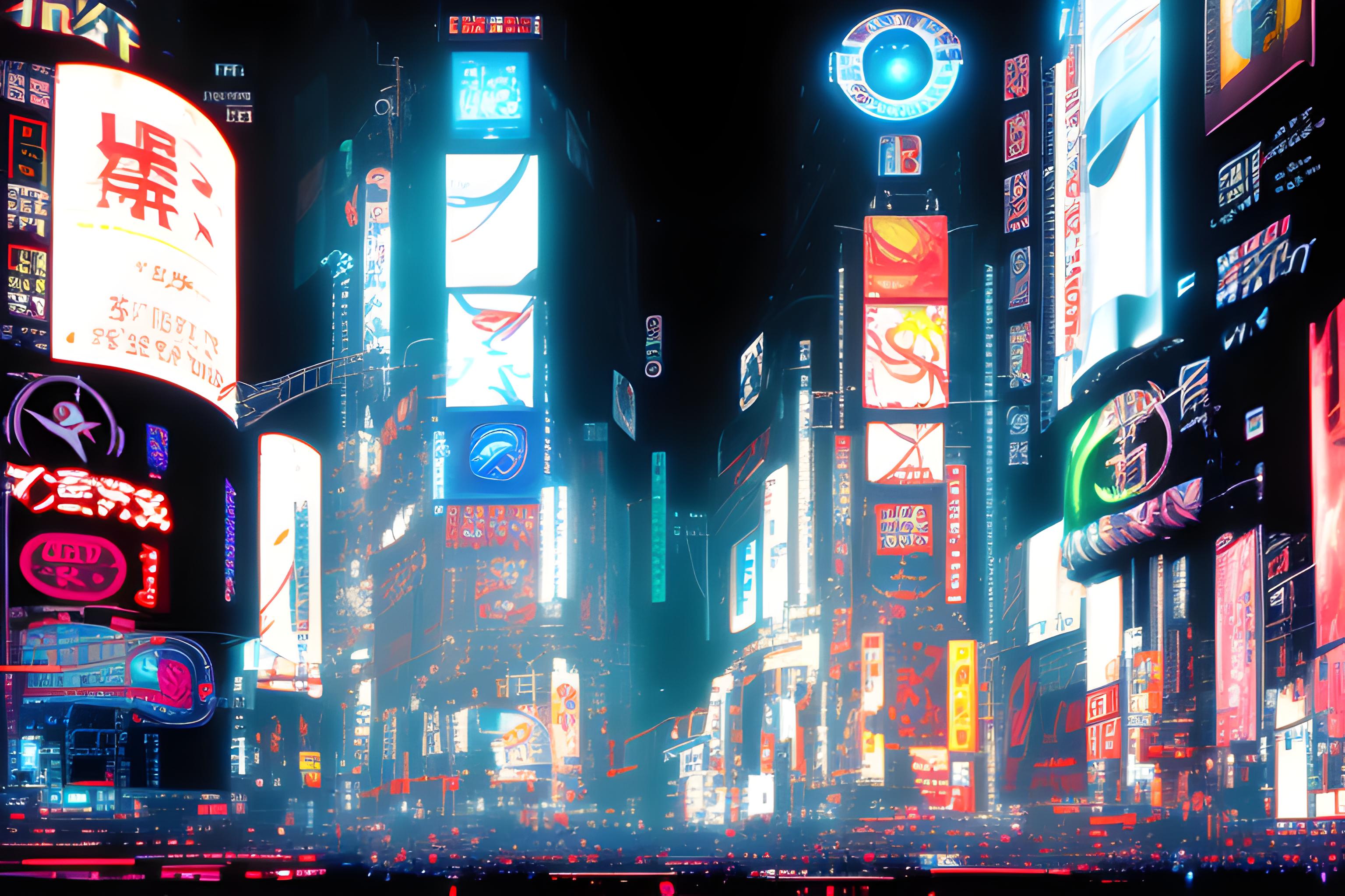 tokyo, times square, cyberpunk, doom eternal, cyber looking, gradient, neon colors, big city