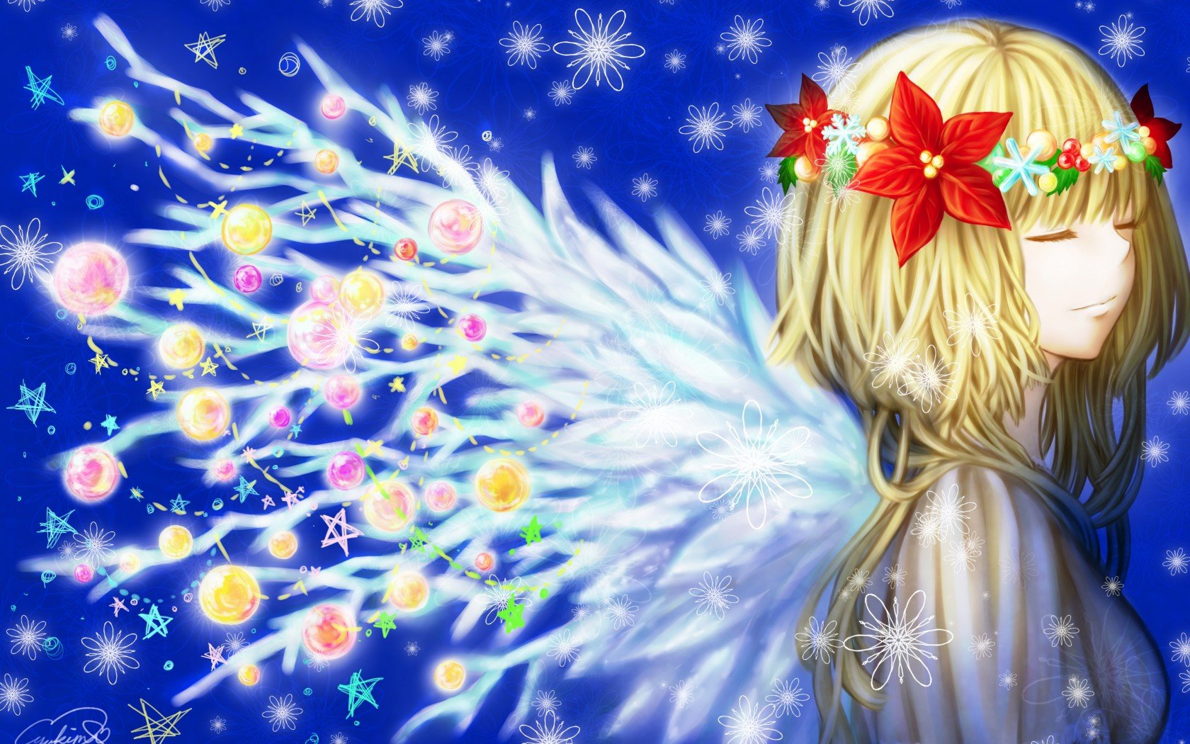 Girl Toys anime Christmas New Year Winter wreath wings Snowflakes stars snow holiday wallpaperx1050