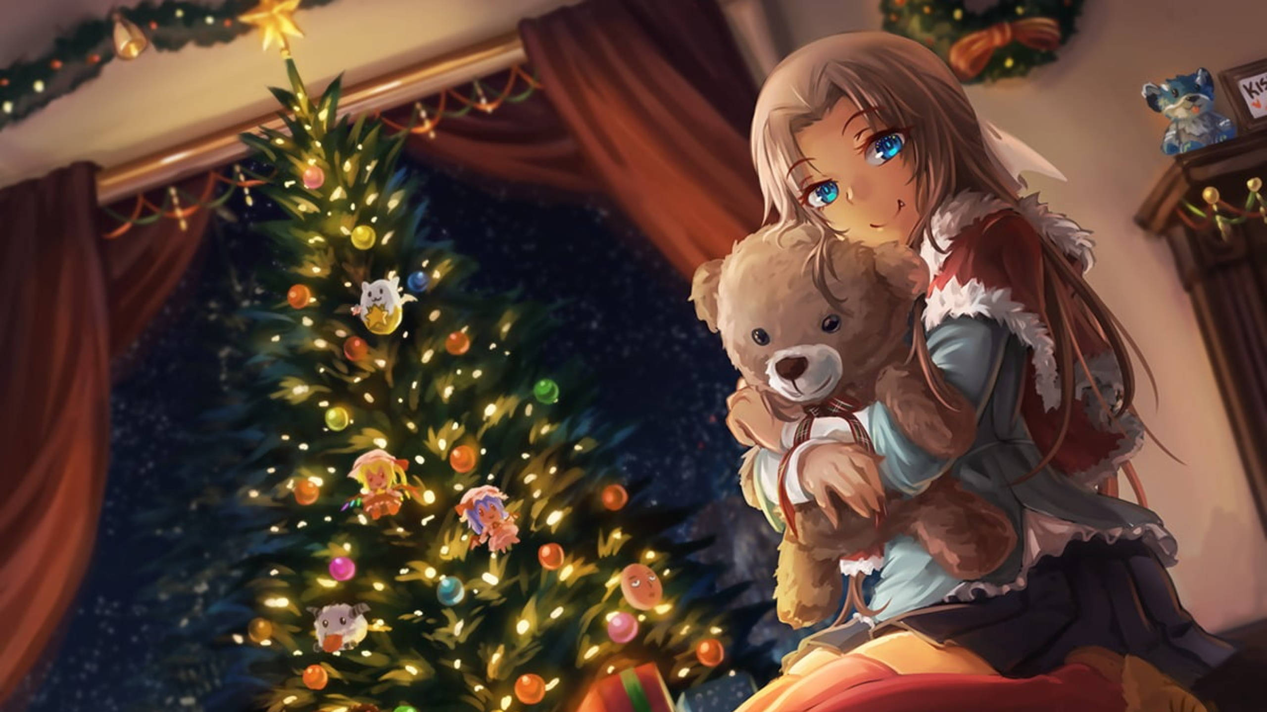 HD desktop wallpaper: Anime, Teddy Bear, Christmas, Girl, Christmas Tree download free picture
