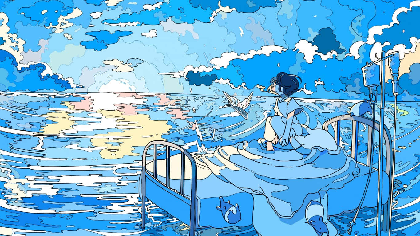 Download Blue Anime Background Nara Lalana In Bed On The Ocean