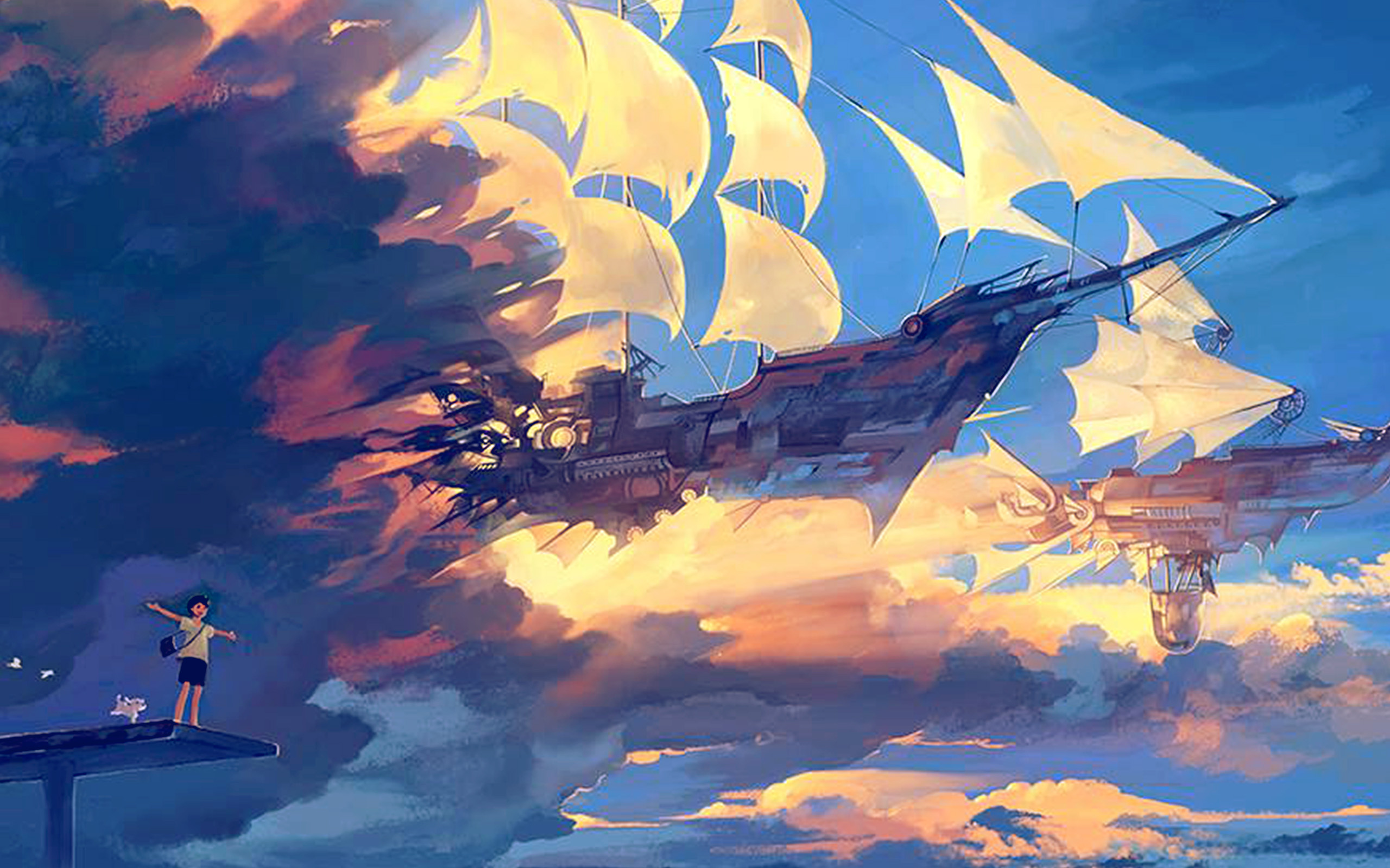 wallpaper for desktop, laptop. fly ship anime illustration art blue
