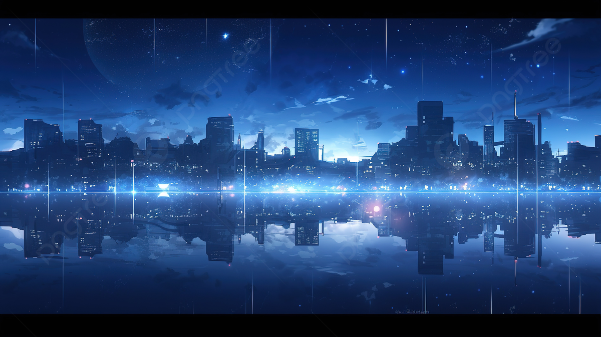 Anime City Lighting By Starry Sky Wallpaper On Deskx Background, 3D Dark Blue City With Light Reflection Background For Technology Concept 3D Illustration Rendering, HD Photography Photo Background Image And Wallpaper