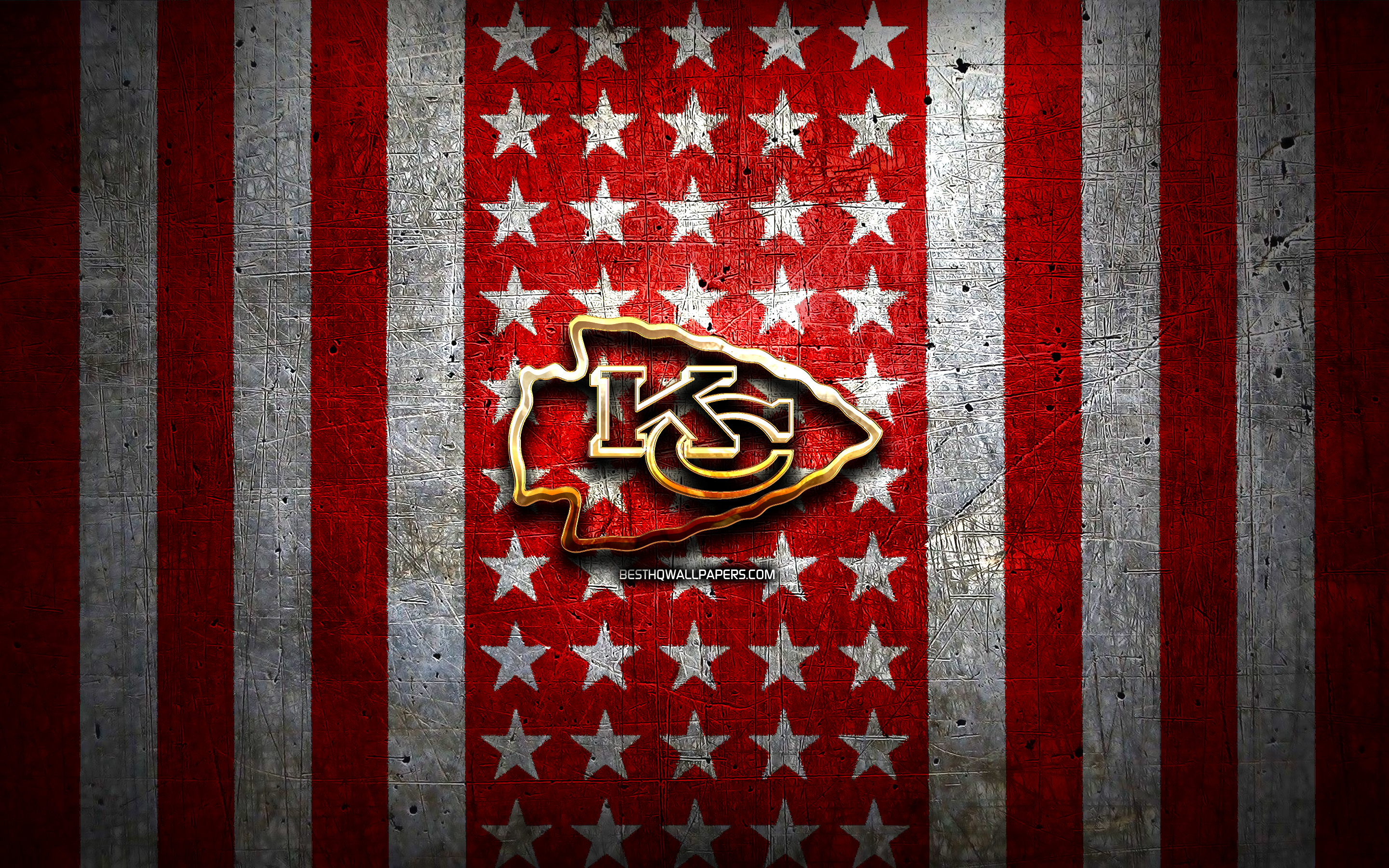 Download wallpaper Kansas City Chiefs flag, NFL, red white metal background, american football team, Kansas City Chiefs logo, USA, american football, golden logo, Kansas City Chiefs for desktop with resolution 2880x1800. High