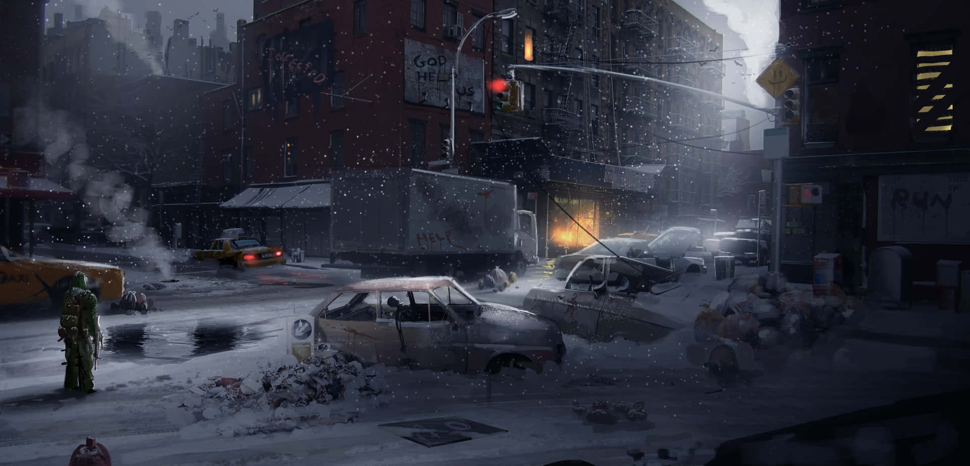 Download An apocalyptic Nuclear Winter landscape with frozen trees and moody, dark skies. Wallpaper